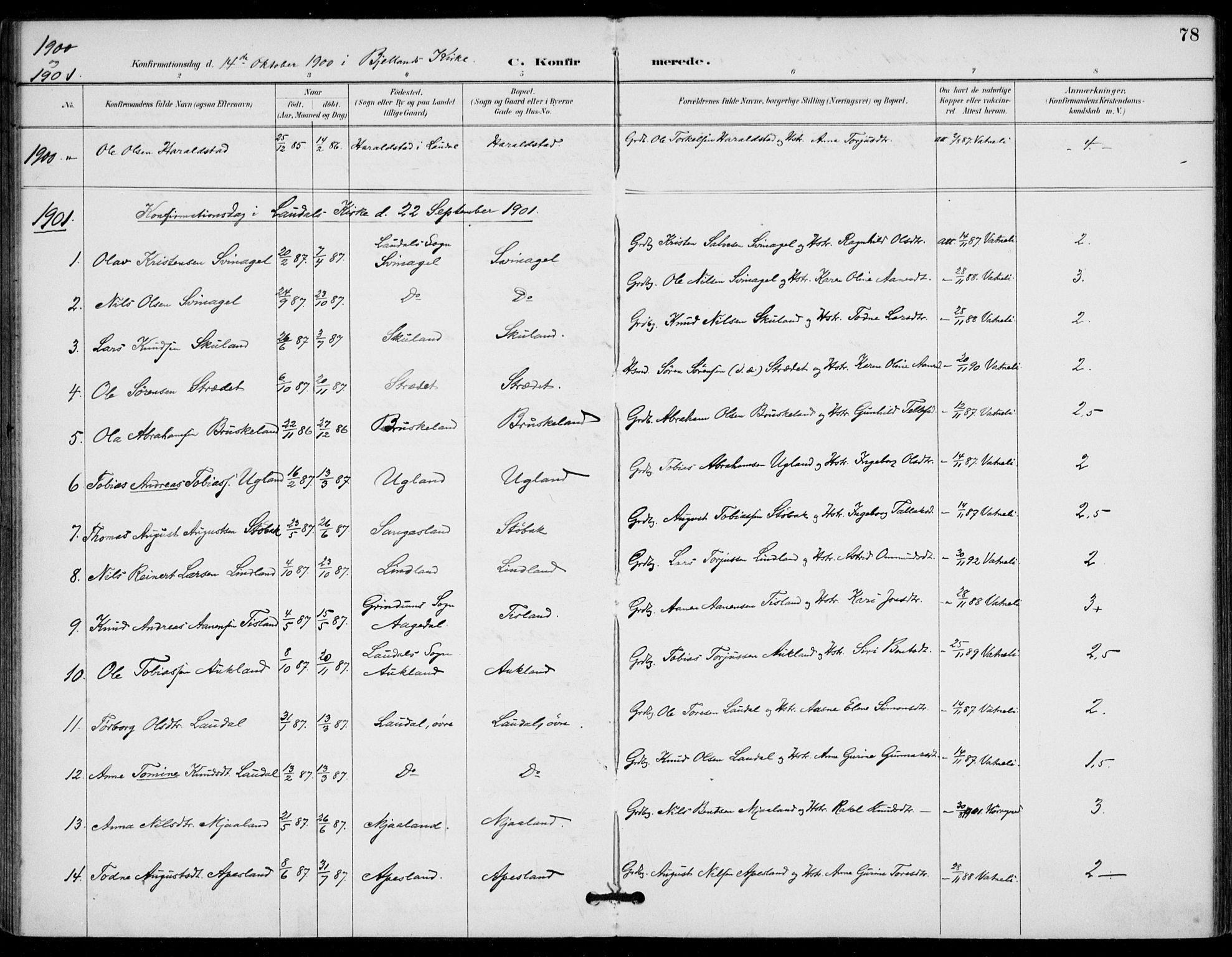 Holum sokneprestkontor, AV/SAK-1111-0022/F/Fa/Fab/L0007: Parish register (official) no. A 7, 1887-1912, p. 78