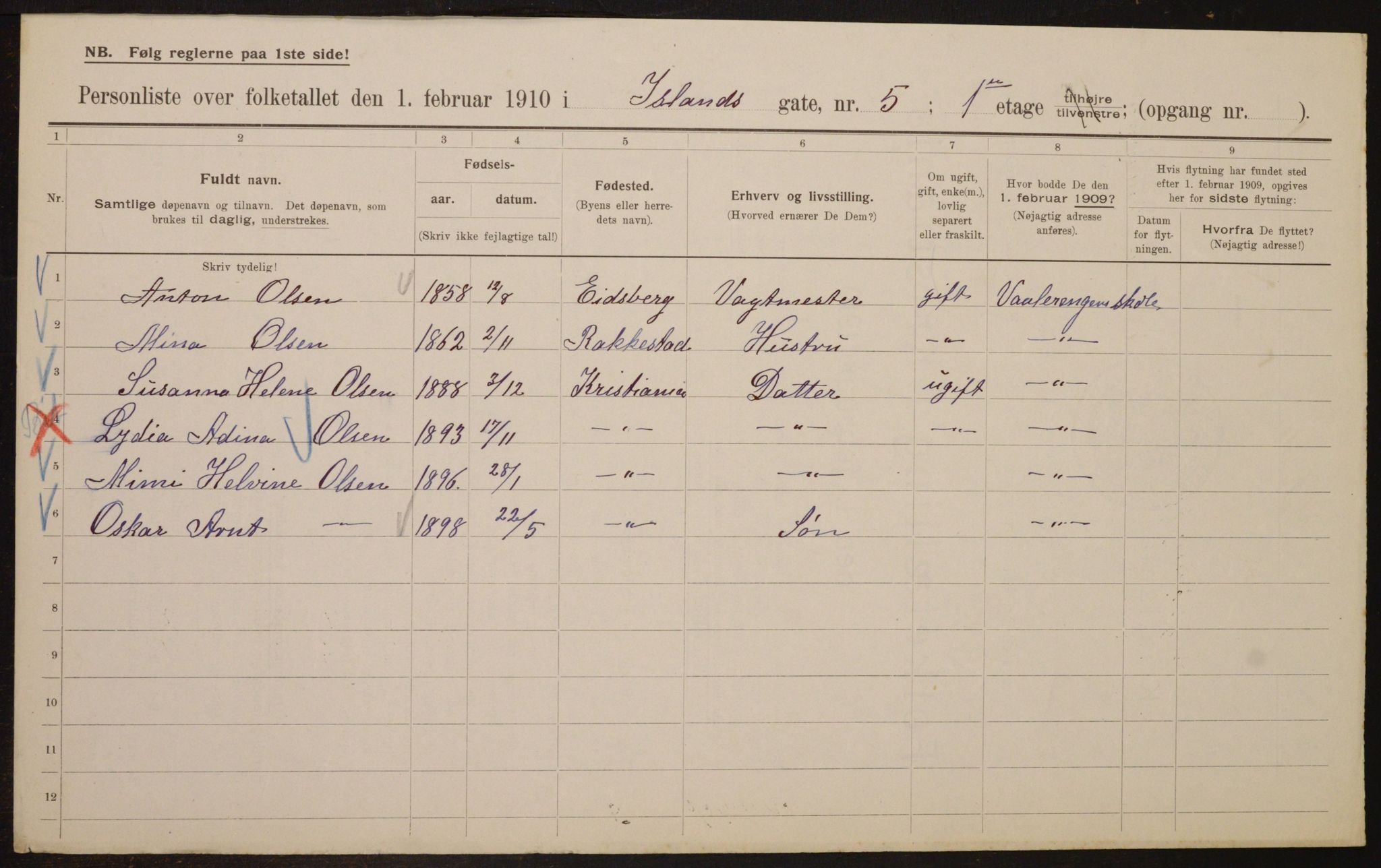 OBA, Municipal Census 1910 for Kristiania, 1910, p. 43407