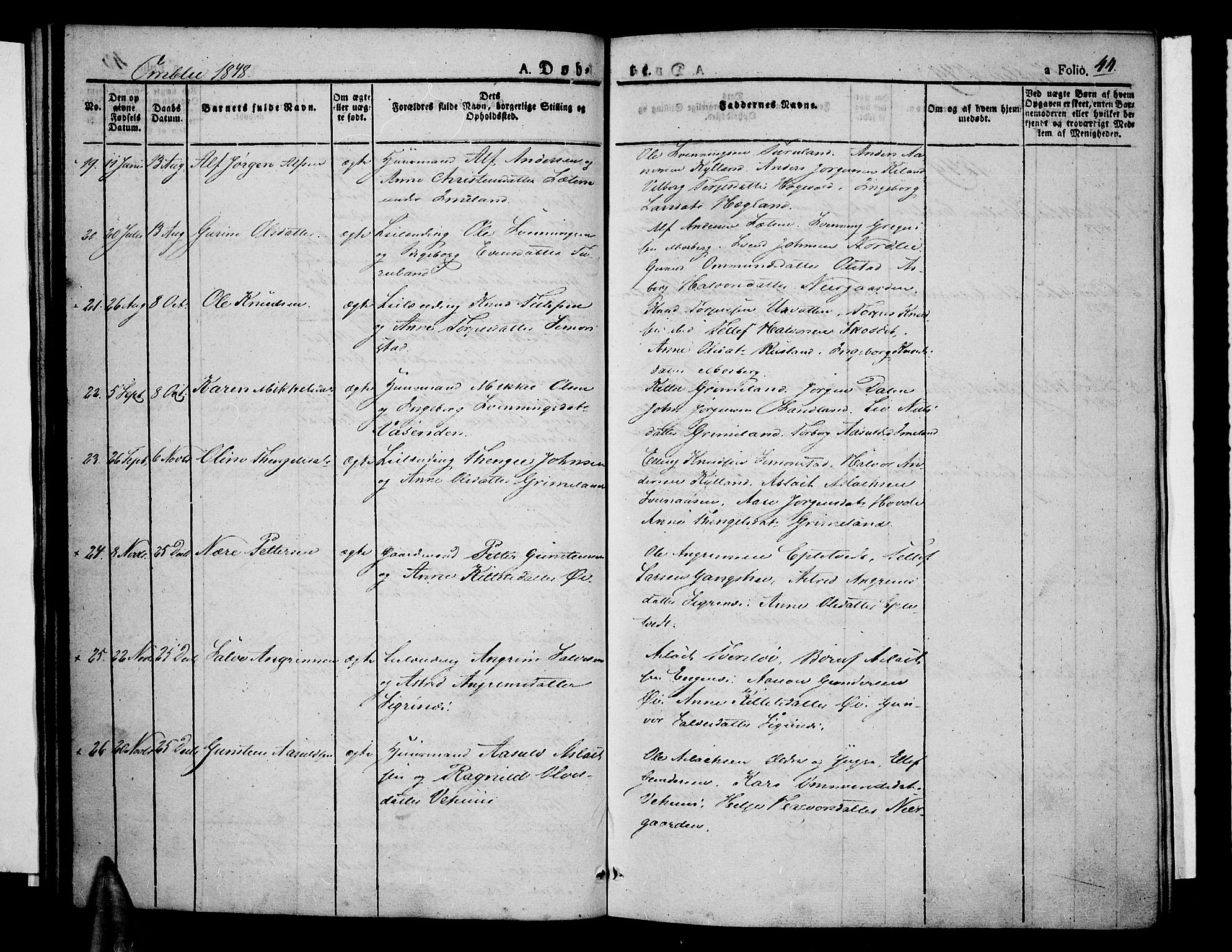 Åmli sokneprestkontor, AV/SAK-1111-0050/F/Fa/Fac/L0007: Parish register (official) no. A 7 /1, 1829-1851, p. 44