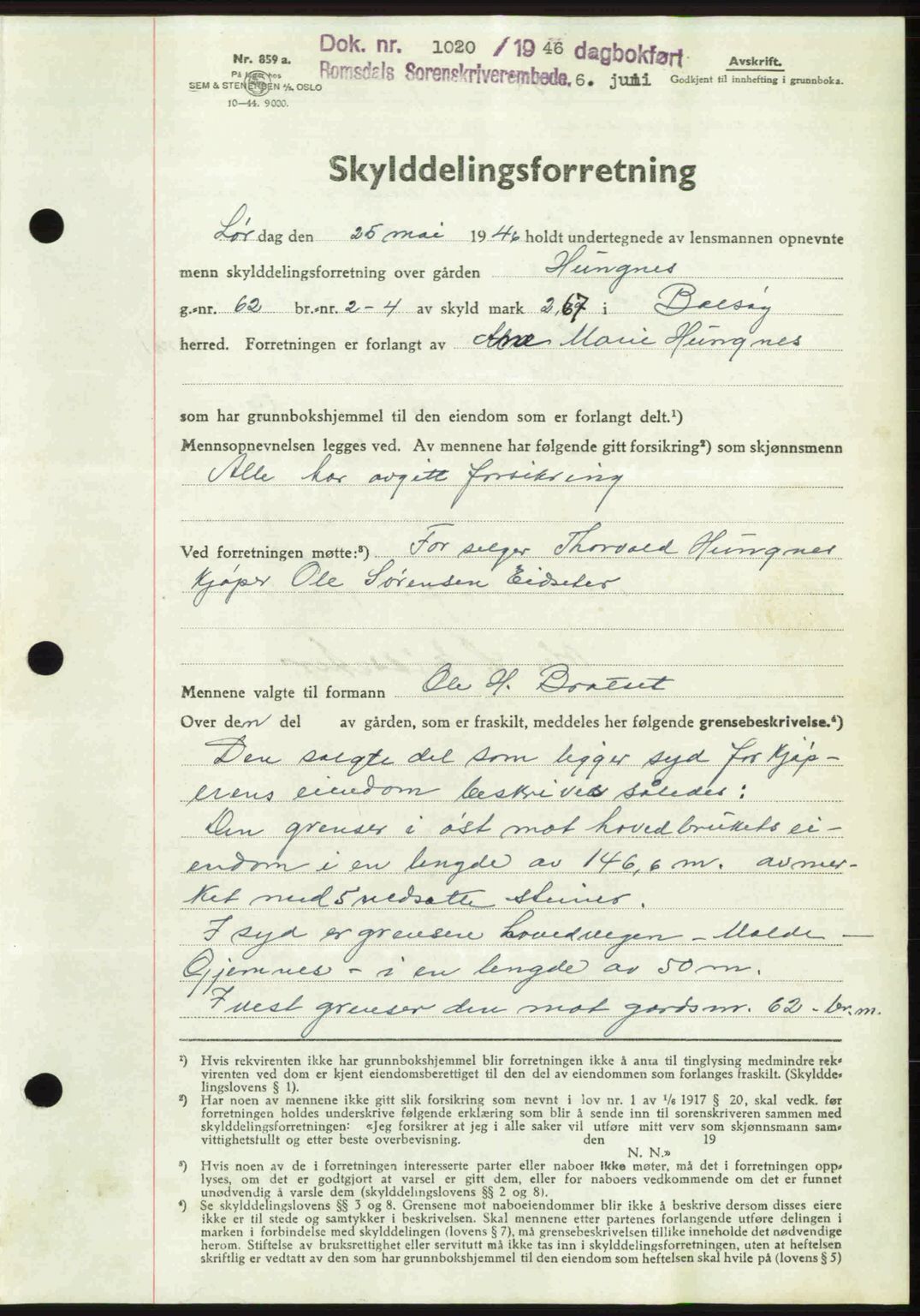 Romsdal sorenskriveri, AV/SAT-A-4149/1/2/2C: Mortgage book no. A20, 1946-1946, Diary no: : 1020/1946