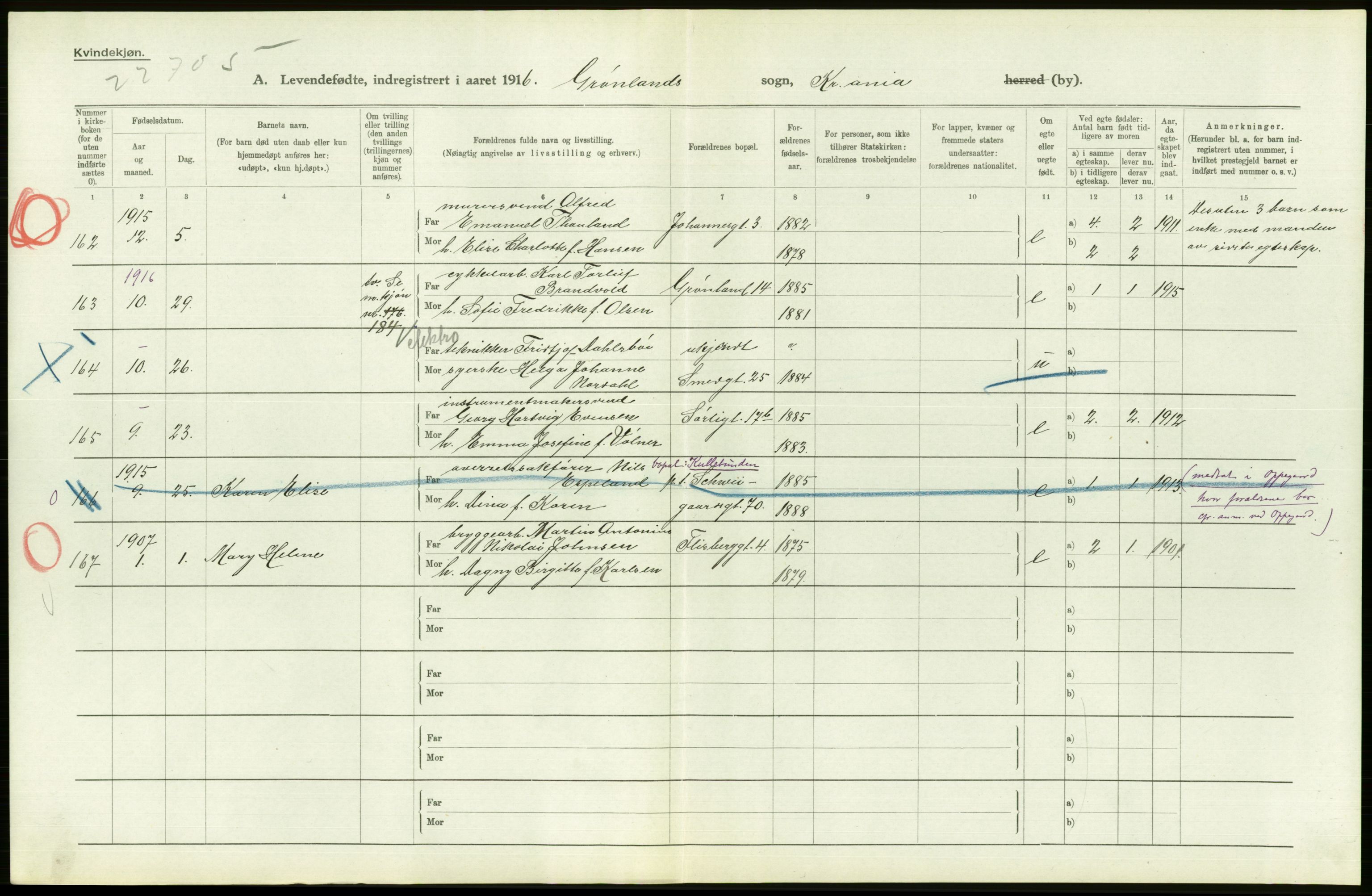 Statistisk sentralbyrå, Sosiodemografiske emner, Befolkning, AV/RA-S-2228/D/Df/Dfb/Dfbf/L0007: Kristiania: Levendefødte menn og kvinner., 1916, p. 640