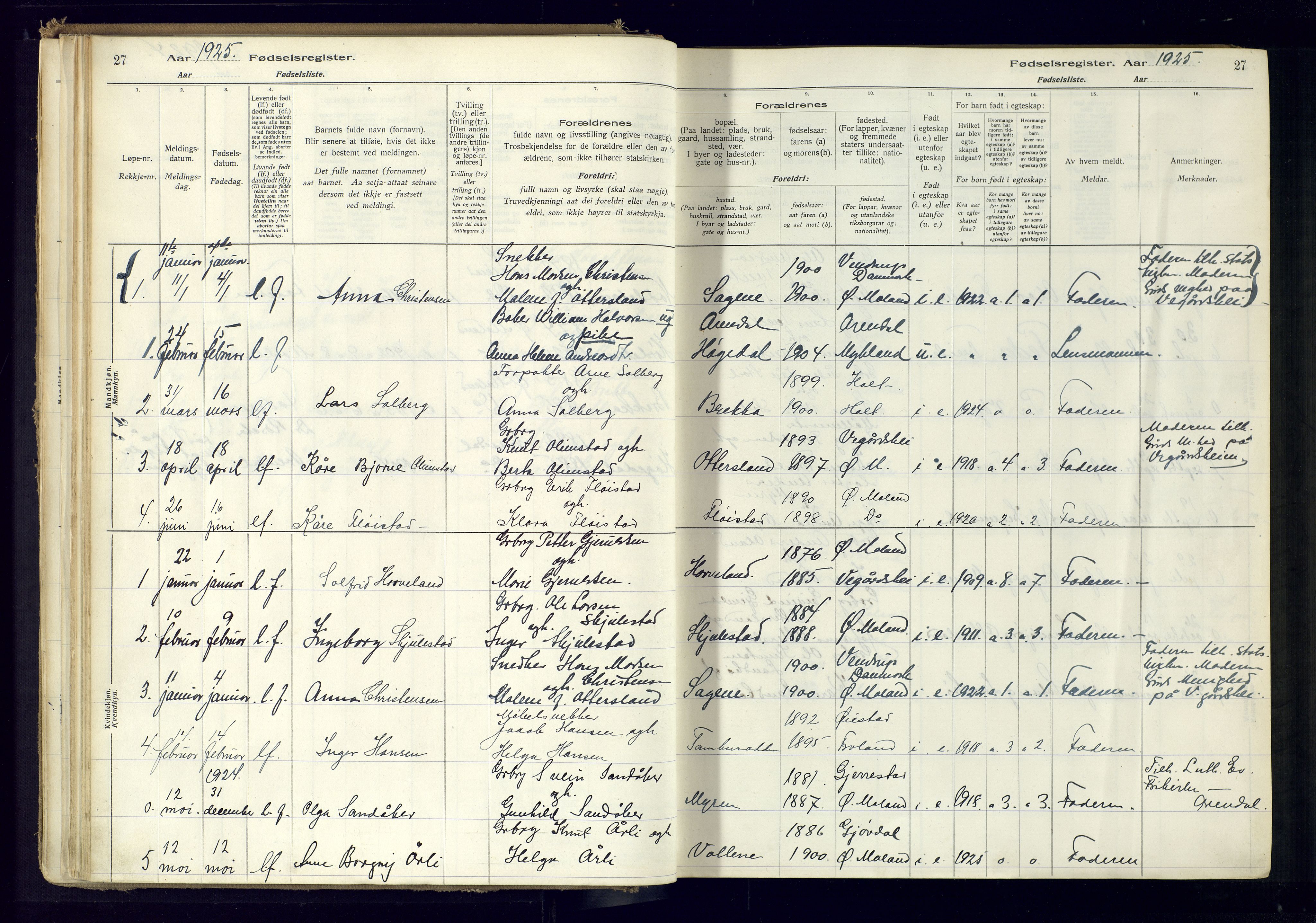 Austre Moland sokneprestkontor, AV/SAK-1111-0001/J/Ja/L0001: Birth register no. A-VI-25, 1916-1975, p. 27