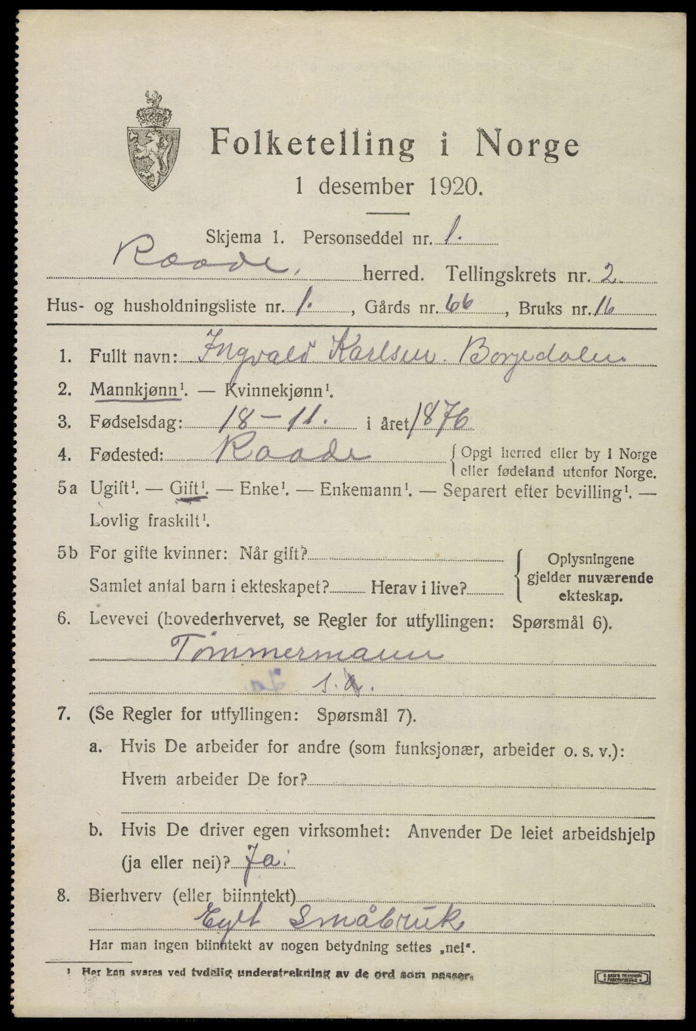 SAO, 1920 census for Råde, 1920, p. 2164
