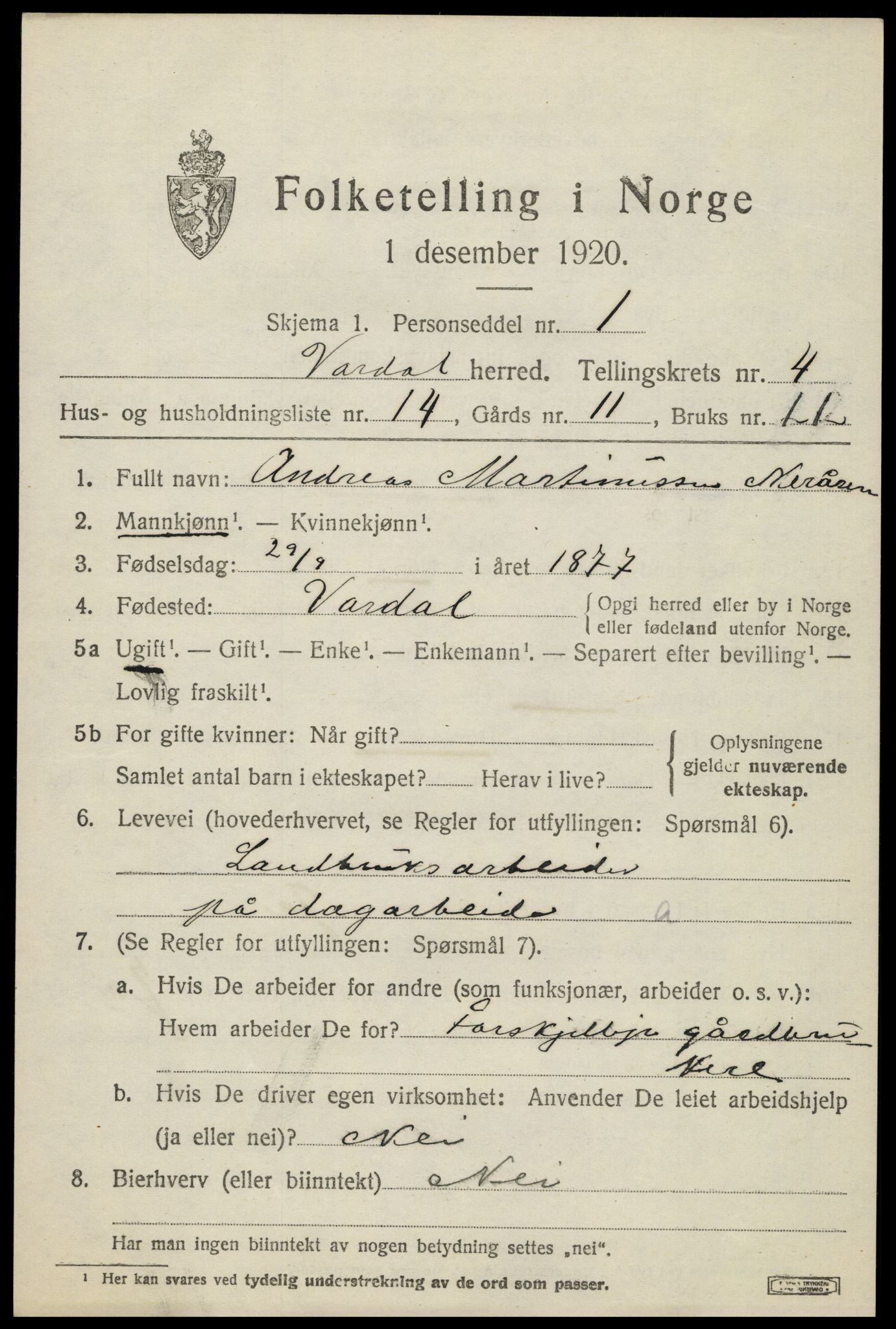 SAH, 1920 census for Vardal, 1920, p. 2983