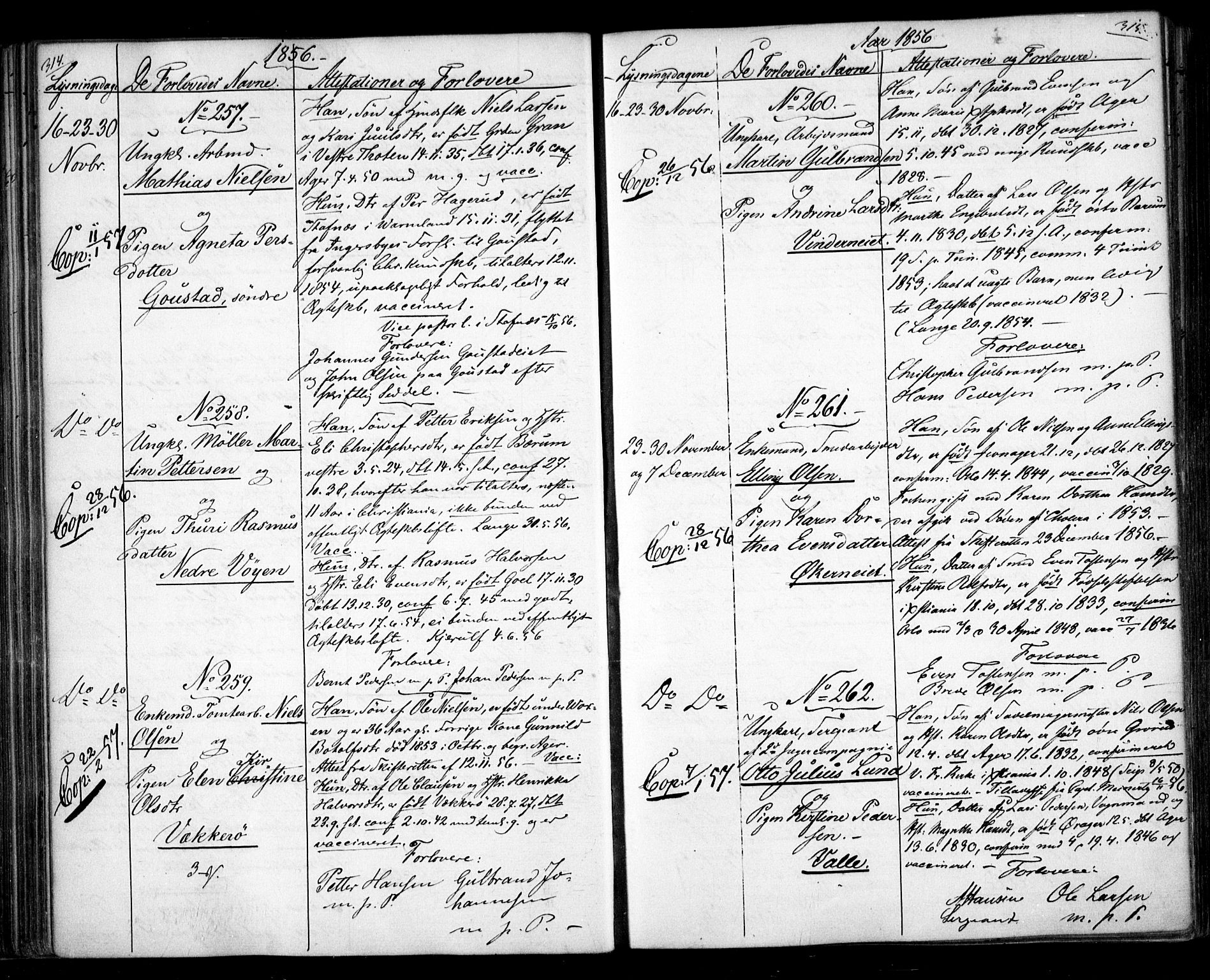 Aker prestekontor kirkebøker, AV/SAO-A-10861/H/L0005: Banns register no. 5, 1853-1864, p. 314-315