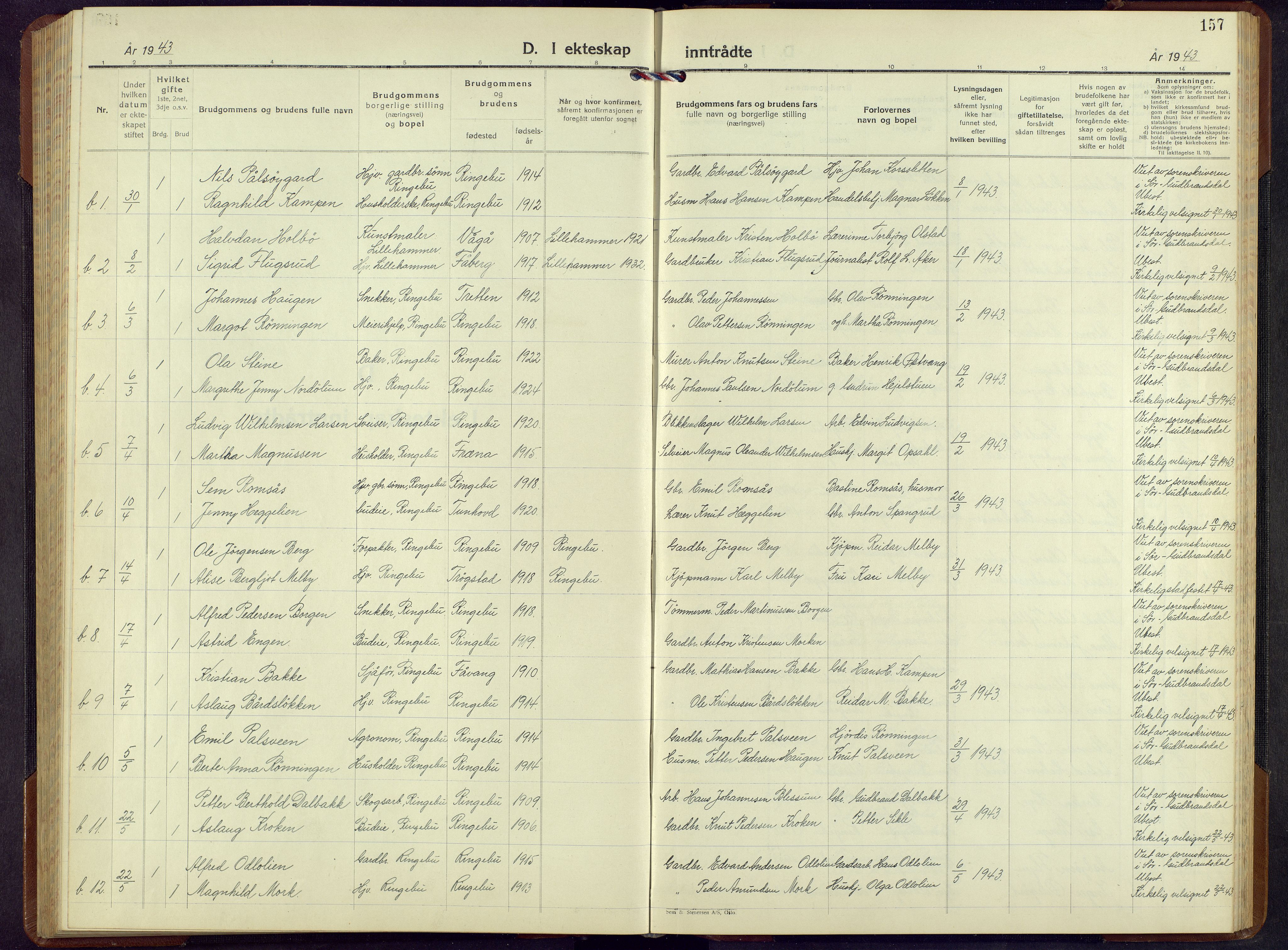 Ringebu prestekontor, SAH/PREST-082/H/Ha/Hab/L0013: Parish register (copy) no. 13, 1943-1956, p. 157