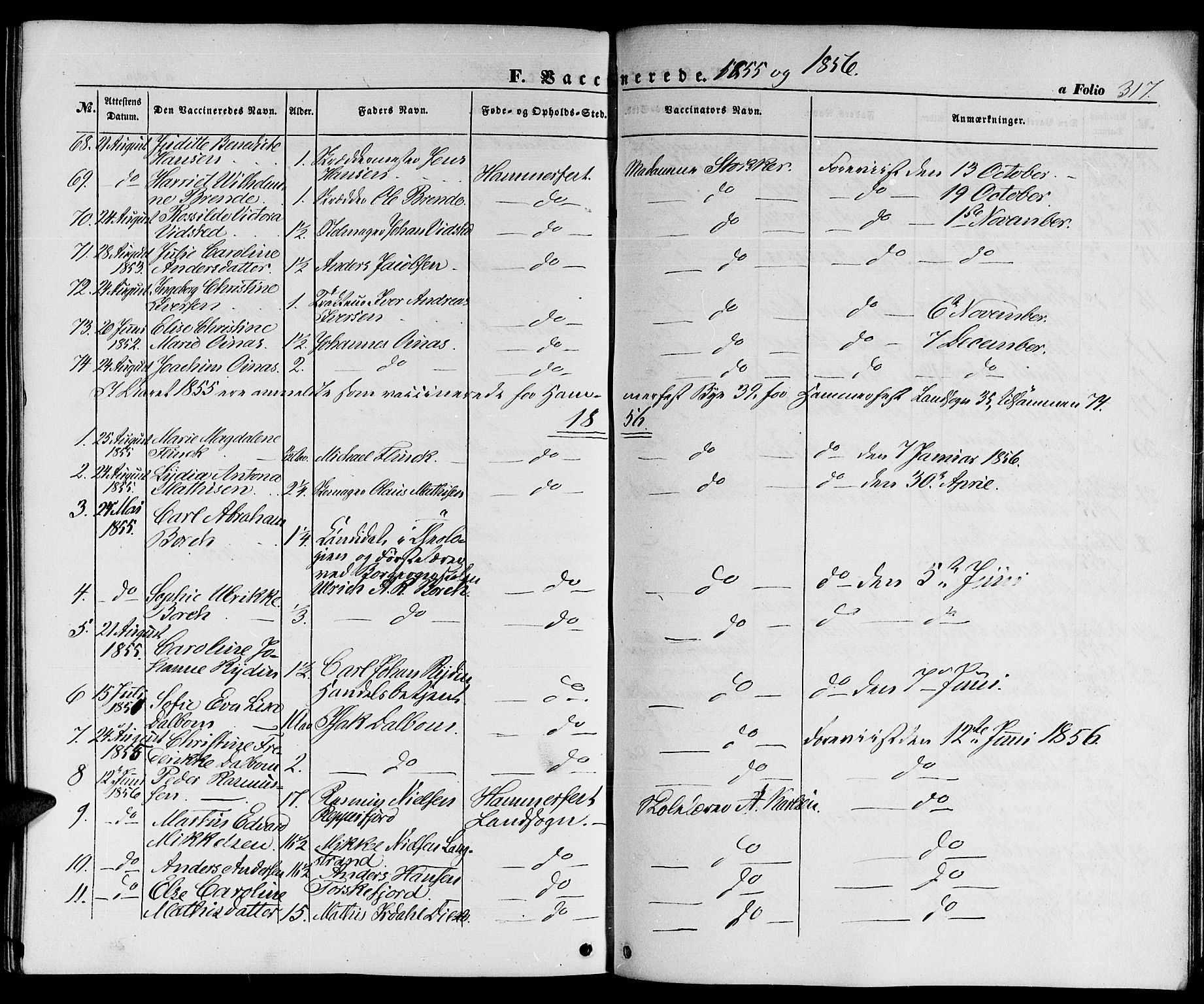 Hammerfest sokneprestkontor, SATØ/S-1347/H/Hb/L0002.klokk: Parish register (copy) no. 2, 1851-1861, p. 317