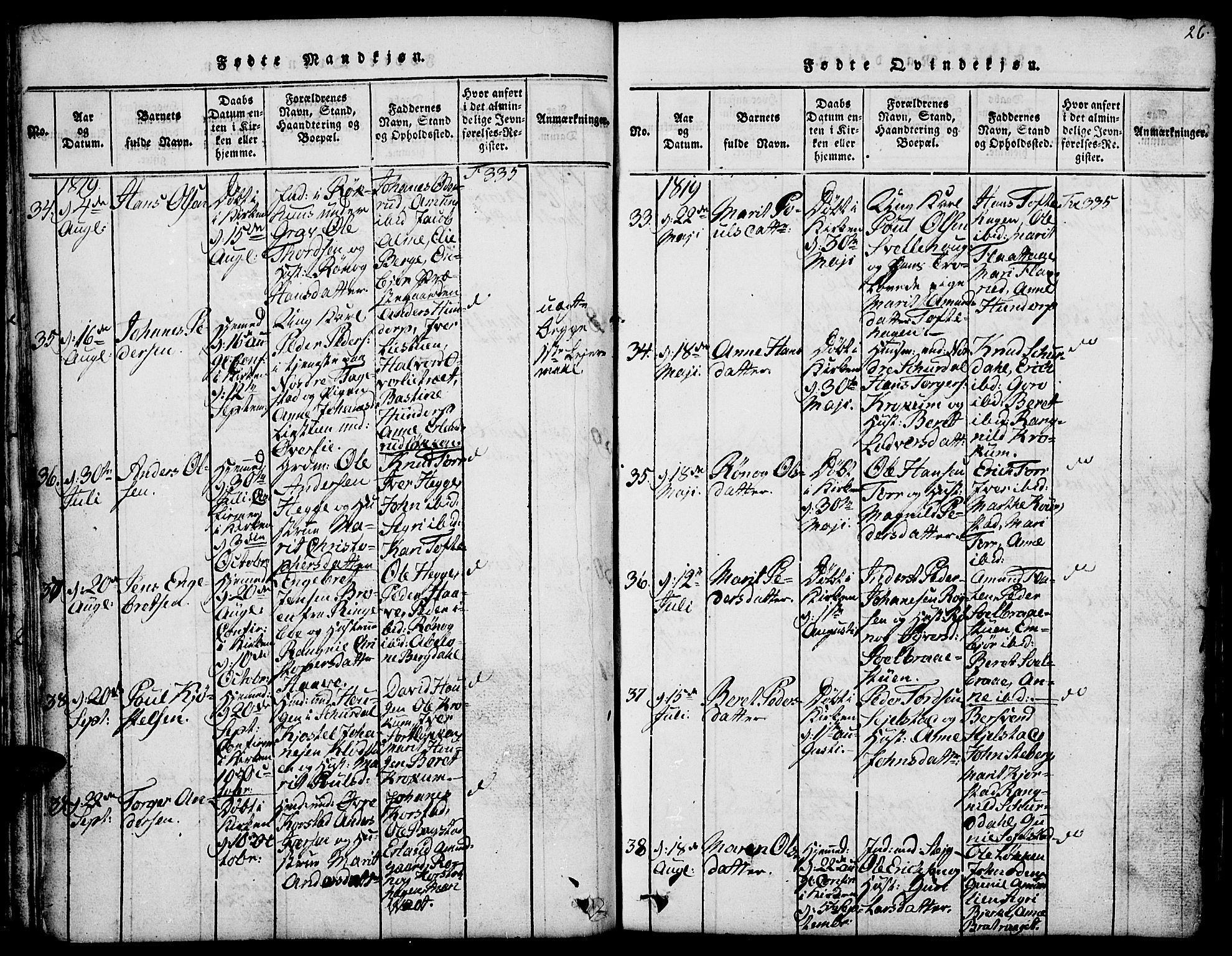Fron prestekontor, SAH/PREST-078/H/Ha/Hab/L0001: Parish register (copy) no. 1, 1816-1843, p. 26