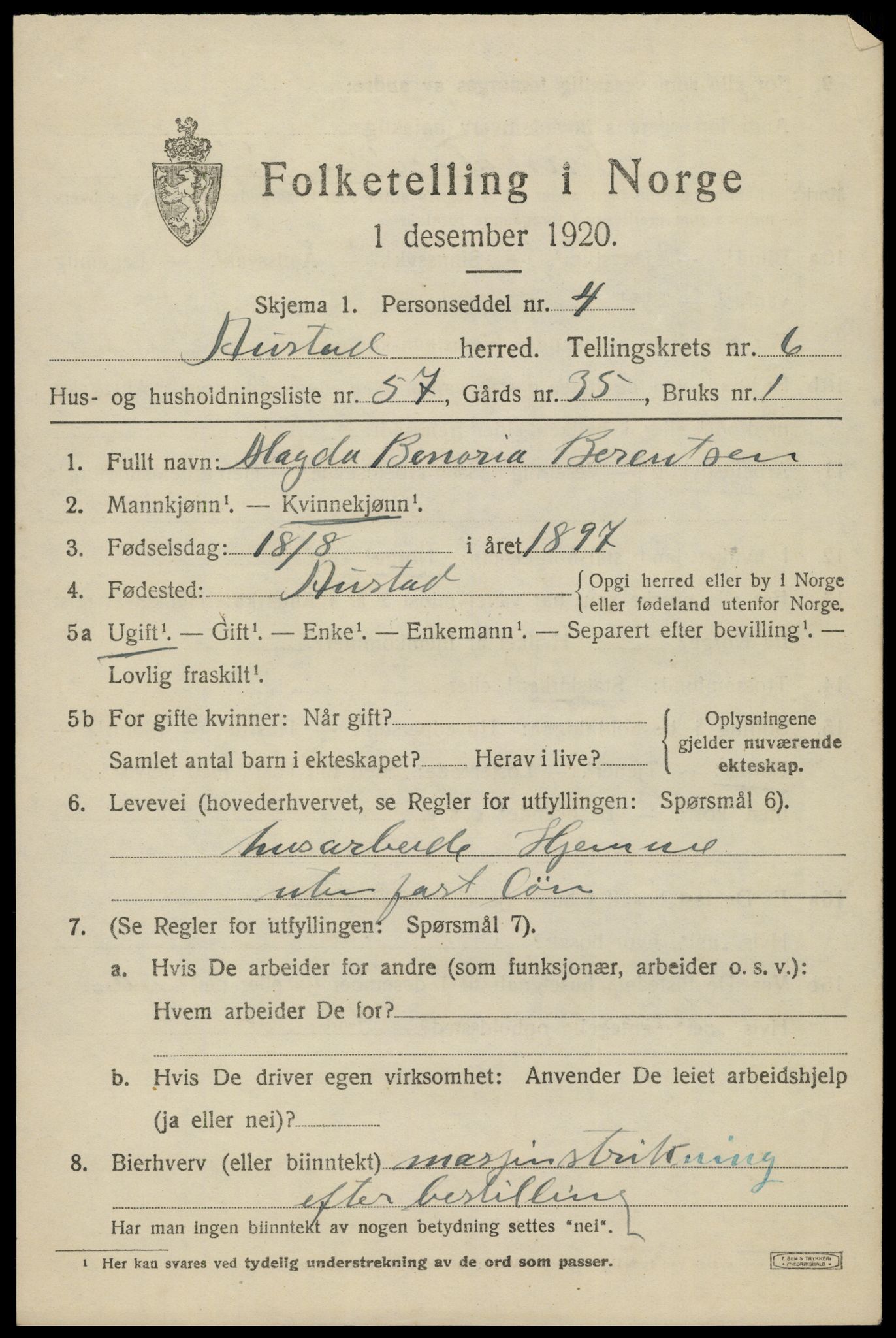 SAK, 1920 census for Austad, 1920, p. 2289