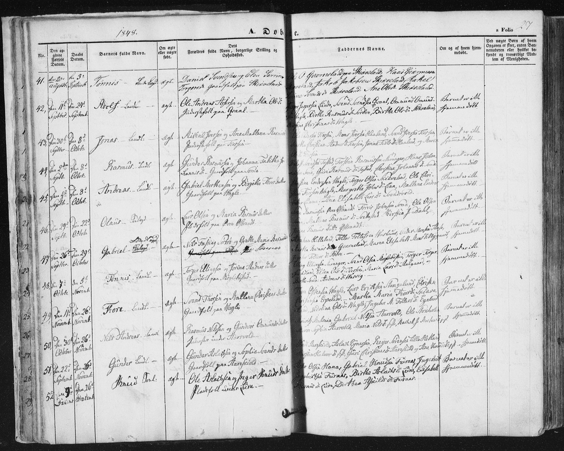 Høyland sokneprestkontor, AV/SAST-A-101799/001/30BA/L0008: Parish register (official) no. A 8, 1841-1856, p. 27