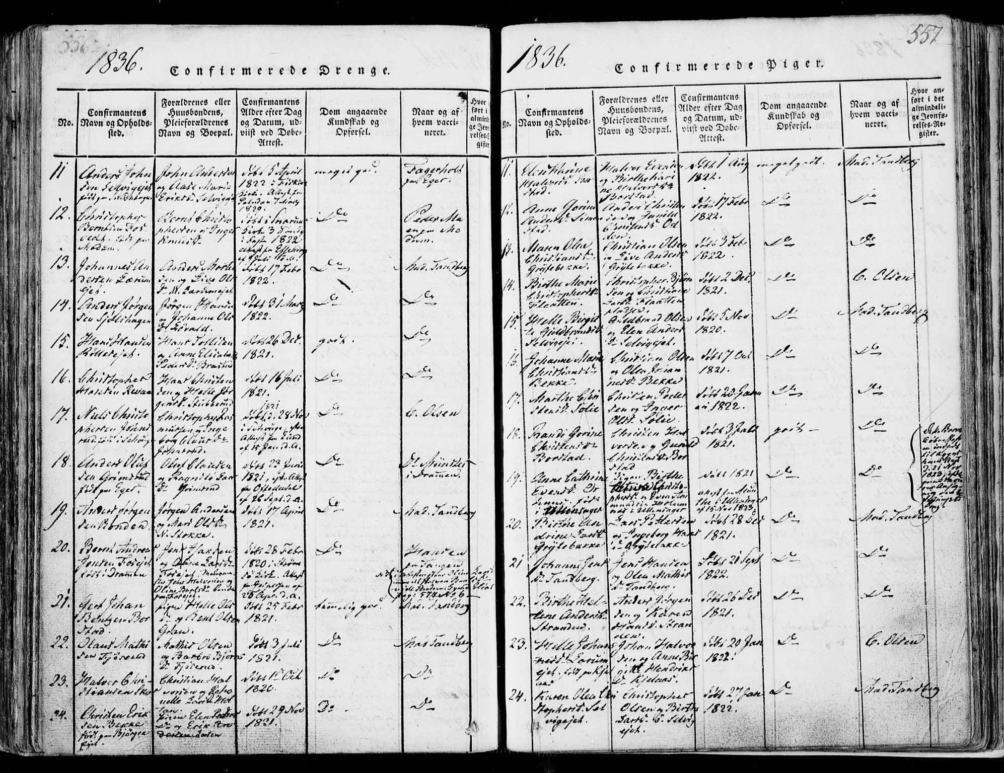 Sande Kirkebøker, SAKO/A-53/F/Fa/L0003: Parish register (official) no. 3, 1814-1847, p. 556-557