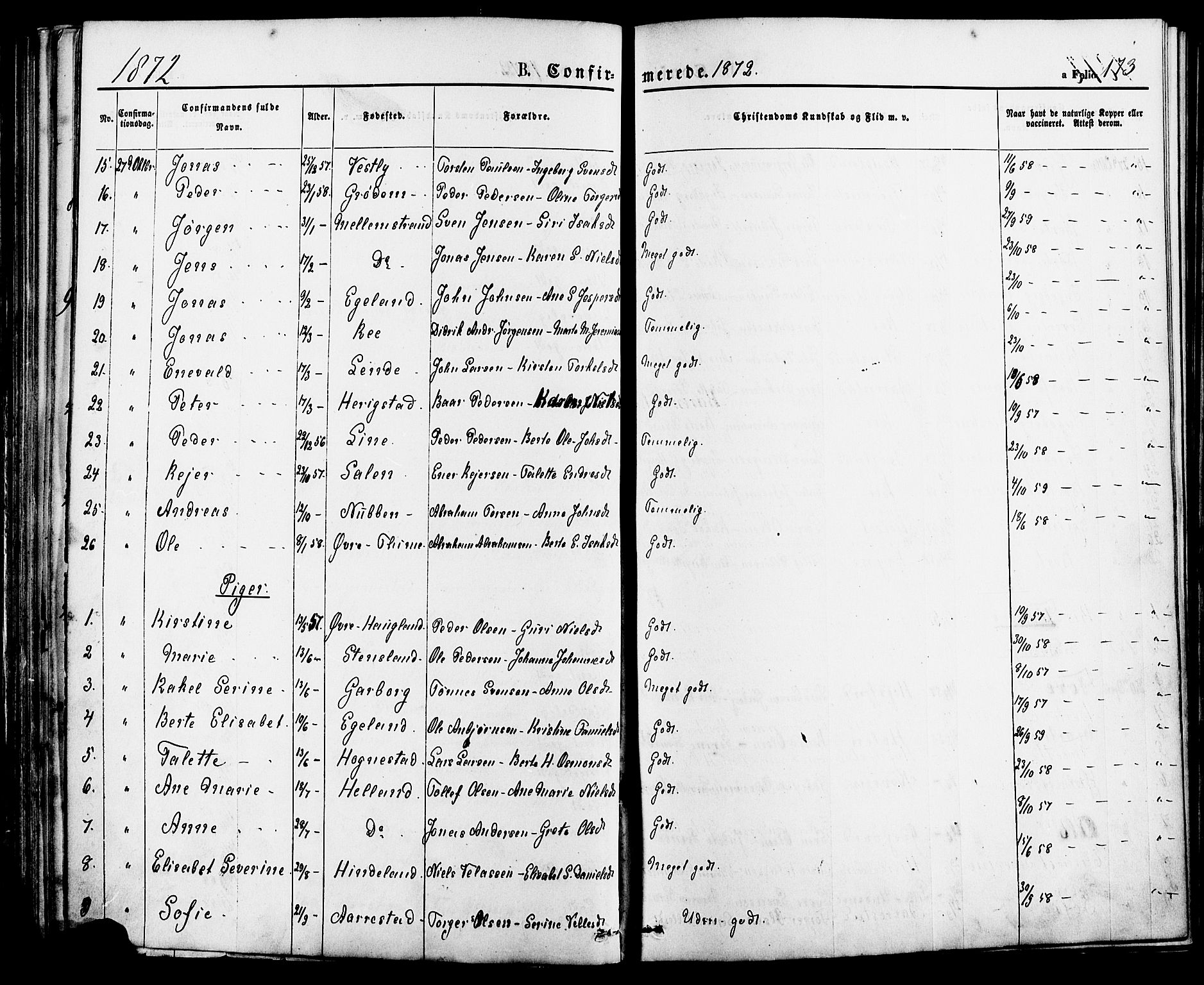 Lye sokneprestkontor, AV/SAST-A-101794/001/30BA/L0008: Parish register (official) no. A 7, 1872-1881, p. 173