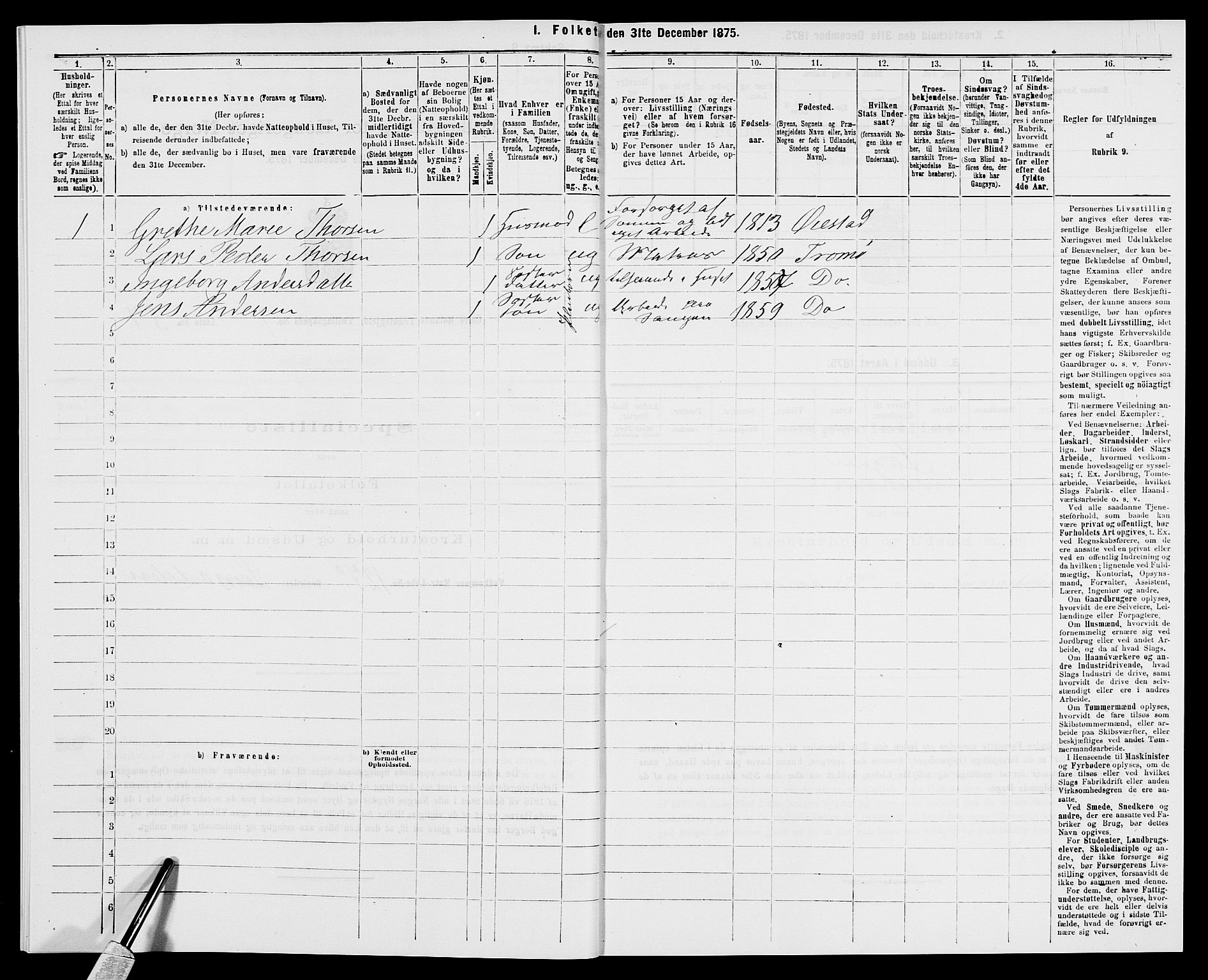 SAK, 1875 census for 0918P Austre Moland, 1875, p. 222