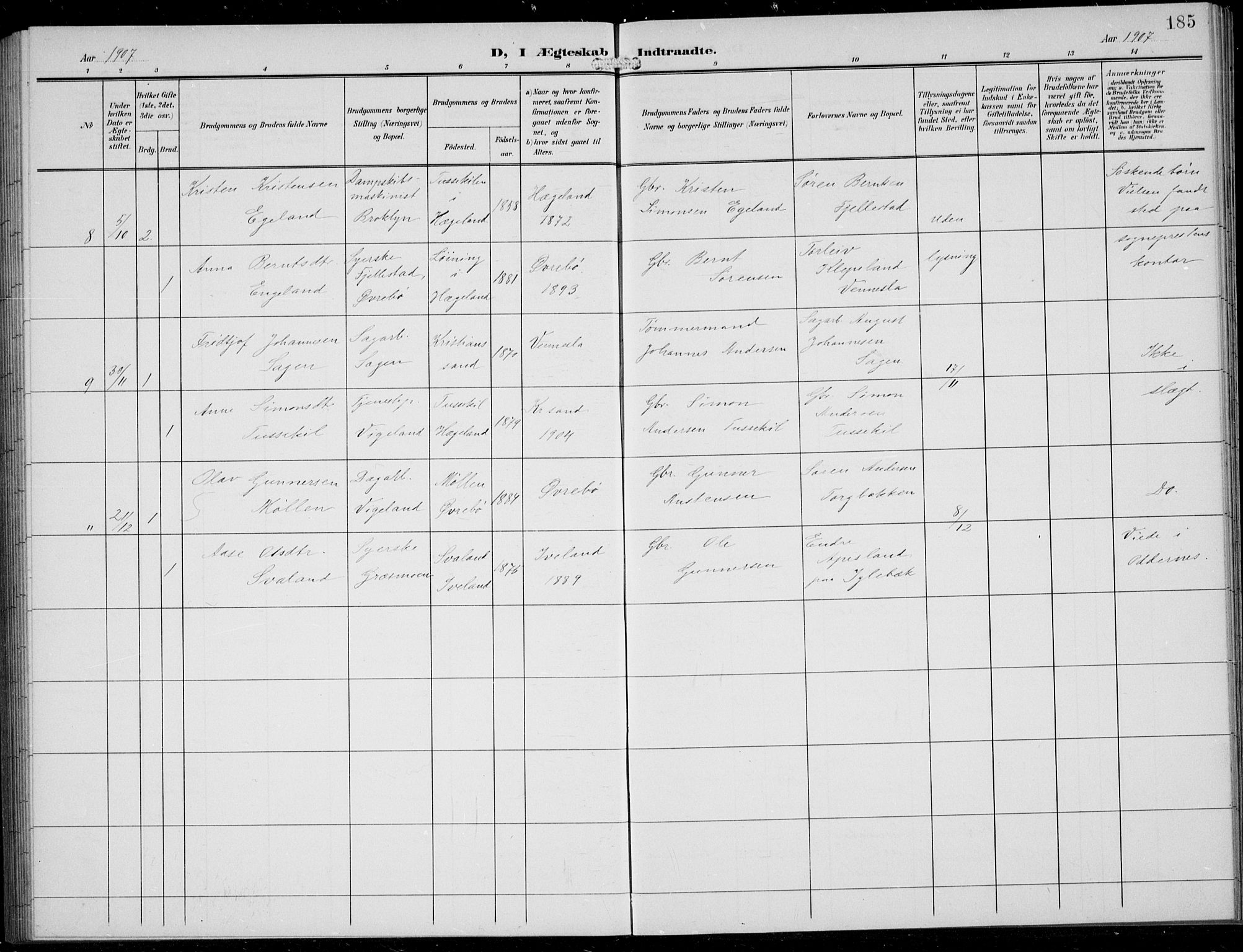 Vennesla sokneprestkontor, AV/SAK-1111-0045/Fb/Fbb/L0005: Parish register (copy) no. B 5, 1903-1913, p. 185