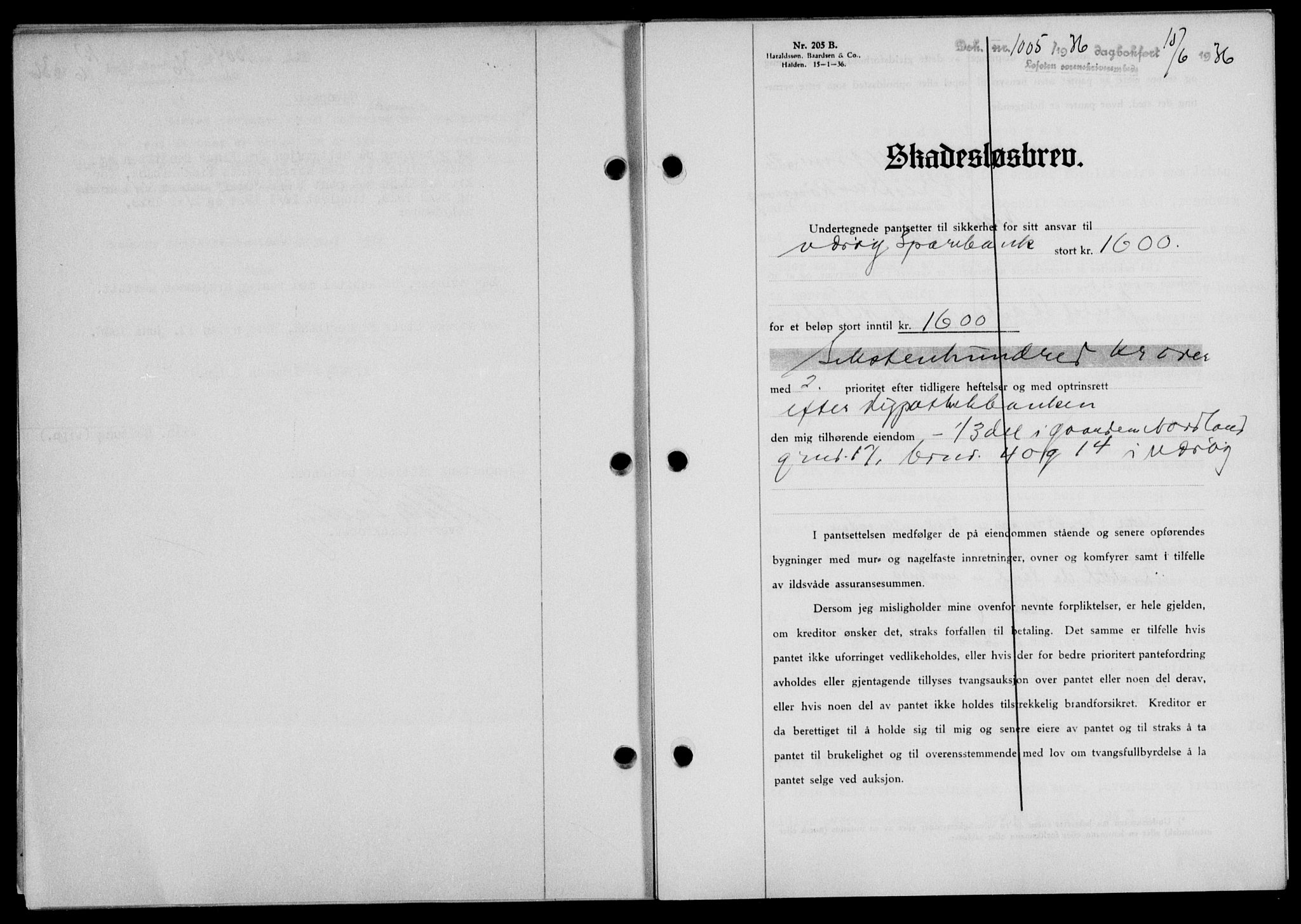 Lofoten sorenskriveri, SAT/A-0017/1/2/2C/L0033b: Mortgage book no. 33b, 1936-1936, Diary no: : 1005/1936