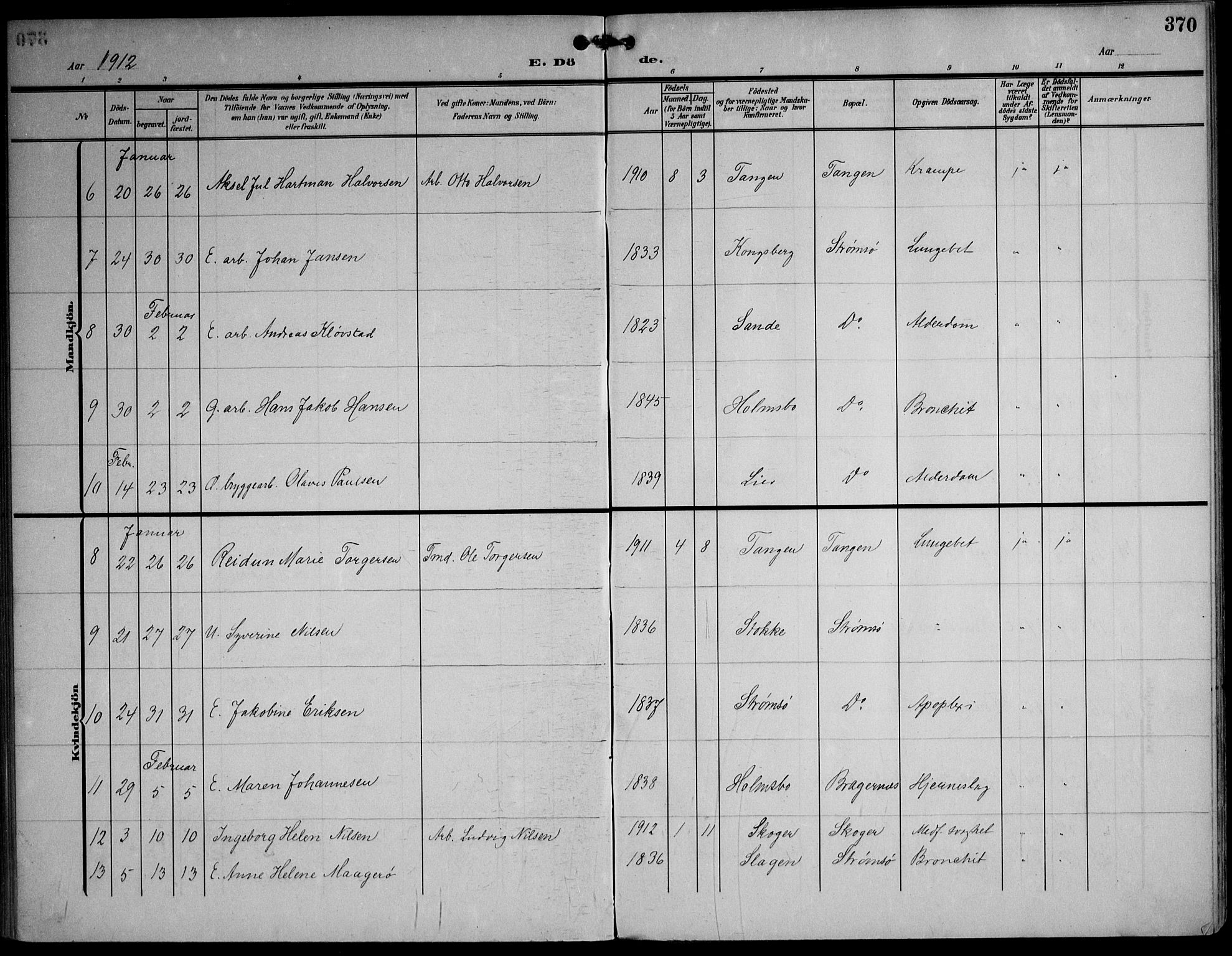 Strømsø kirkebøker, AV/SAKO-A-246/F/Fa/L0026: Parish register (official) no. I 26, 1905-1914, p. 370