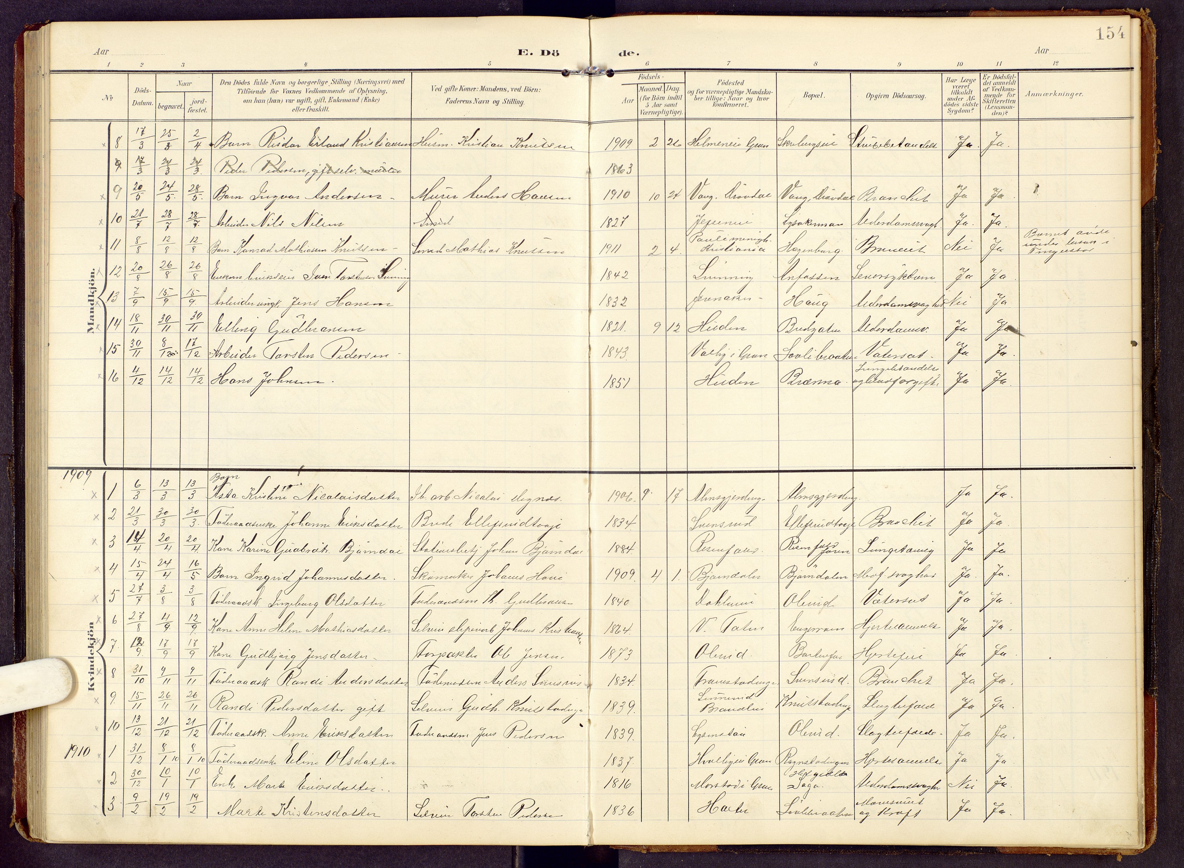 Brandbu prestekontor, SAH/PREST-114/H/Ha/Hab/L0009: Parish register (copy) no. 9, 1903-1916, p. 154