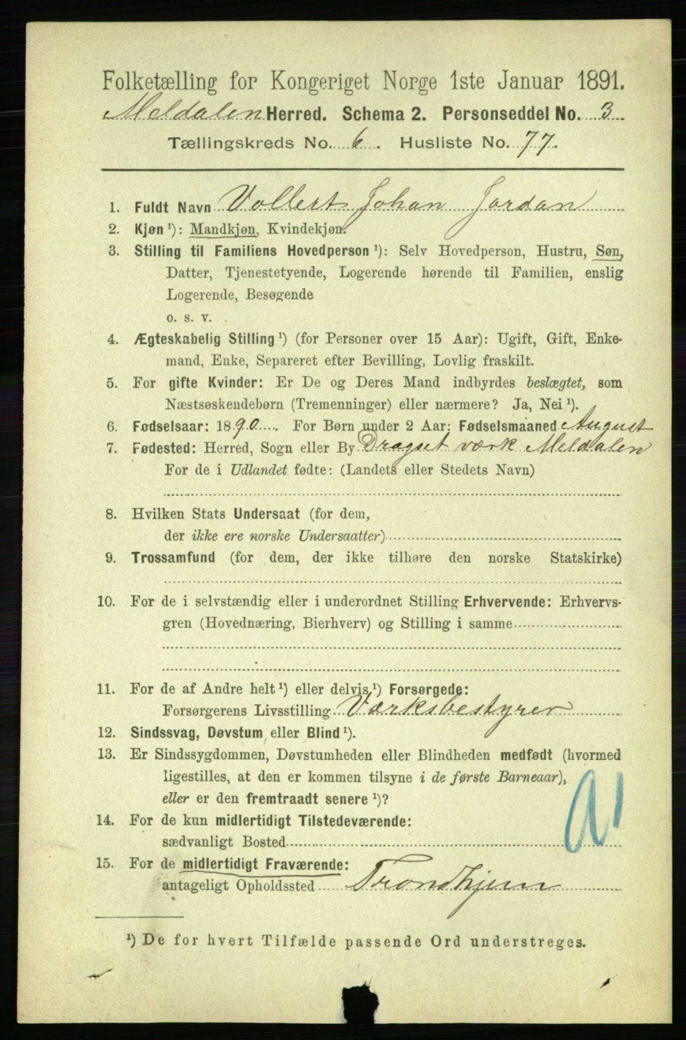 RA, 1891 census for 1636 Meldal, 1891, p. 3325