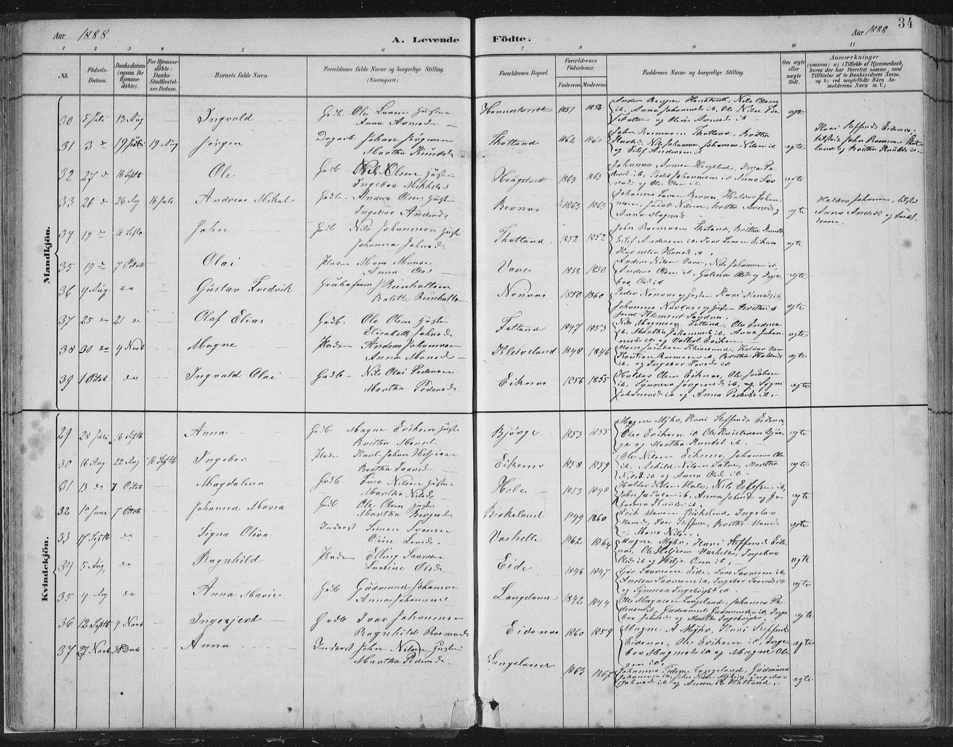 Hosanger sokneprestembete, SAB/A-75801/H/Hab: Parish register (copy) no. A 3 I, 1882-1903, p. 34