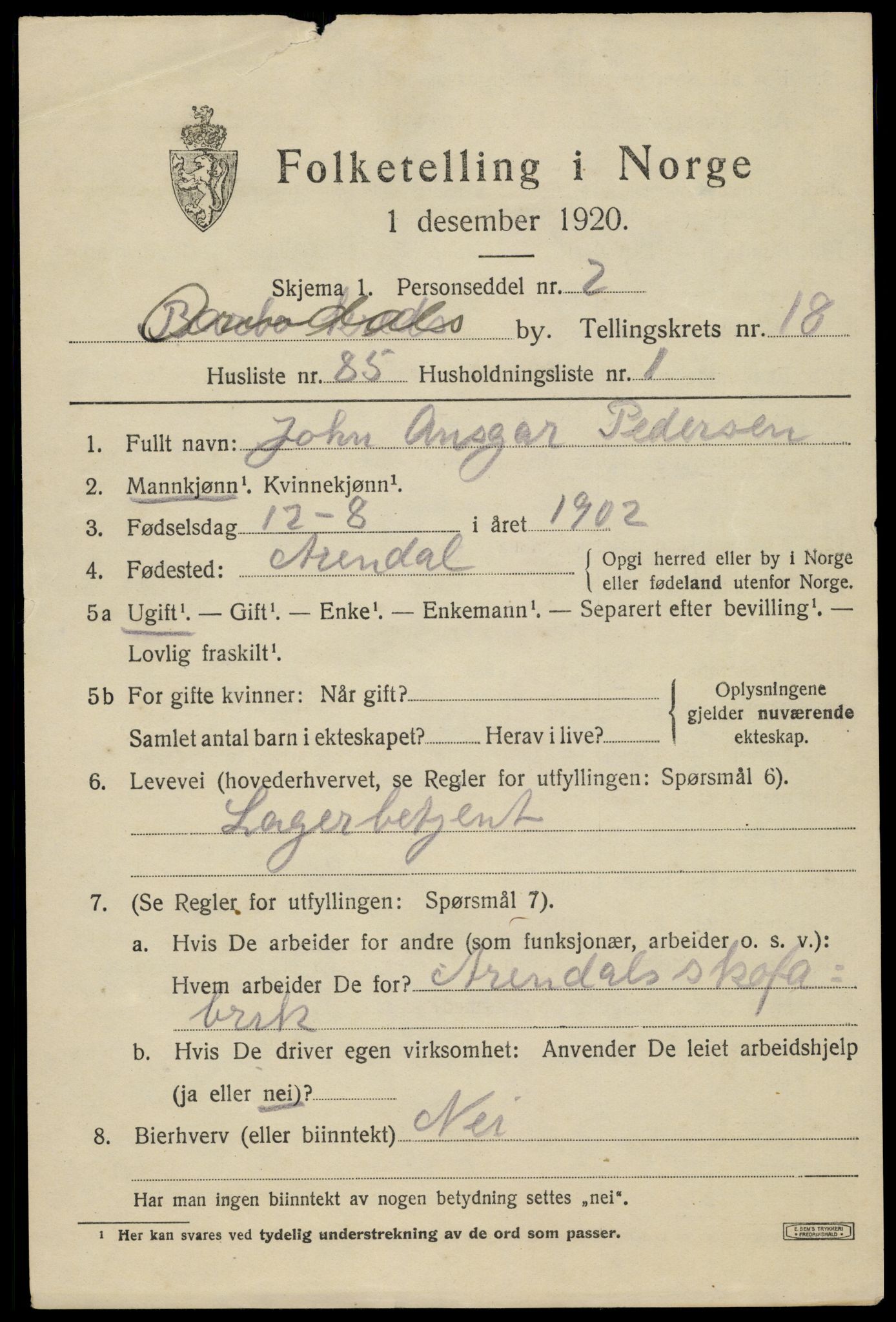 SAK, 1920 census for Arendal, 1920, p. 25882