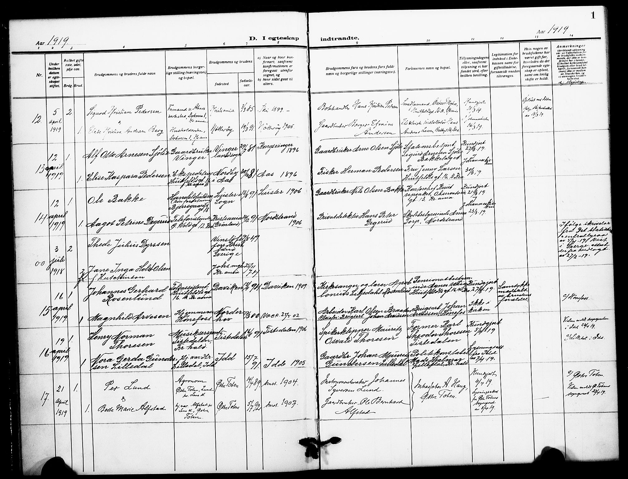 Johannes prestekontor Kirkebøker, AV/SAO-A-10852/F/Fa/L0013: Parish register (official) no. 13, 1919-1930, p. 1