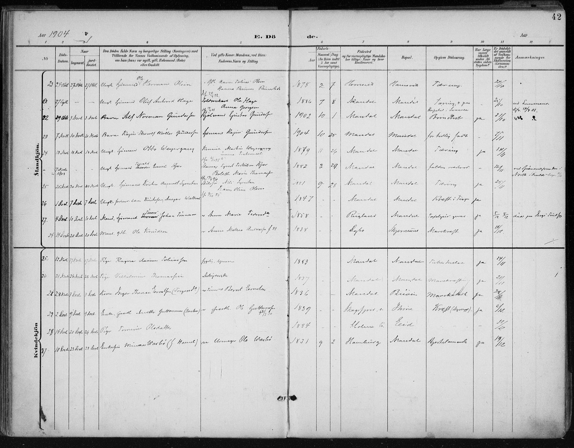 Mandal sokneprestkontor, SAK/1111-0030/F/Fa/Faa/L0021: Parish register (official) no. A 21, 1898-1913, p. 42