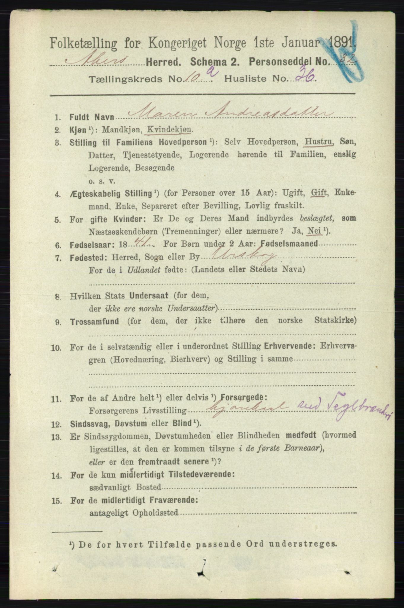 RA, 1891 census for 0218 Aker, 1891, p. 9550