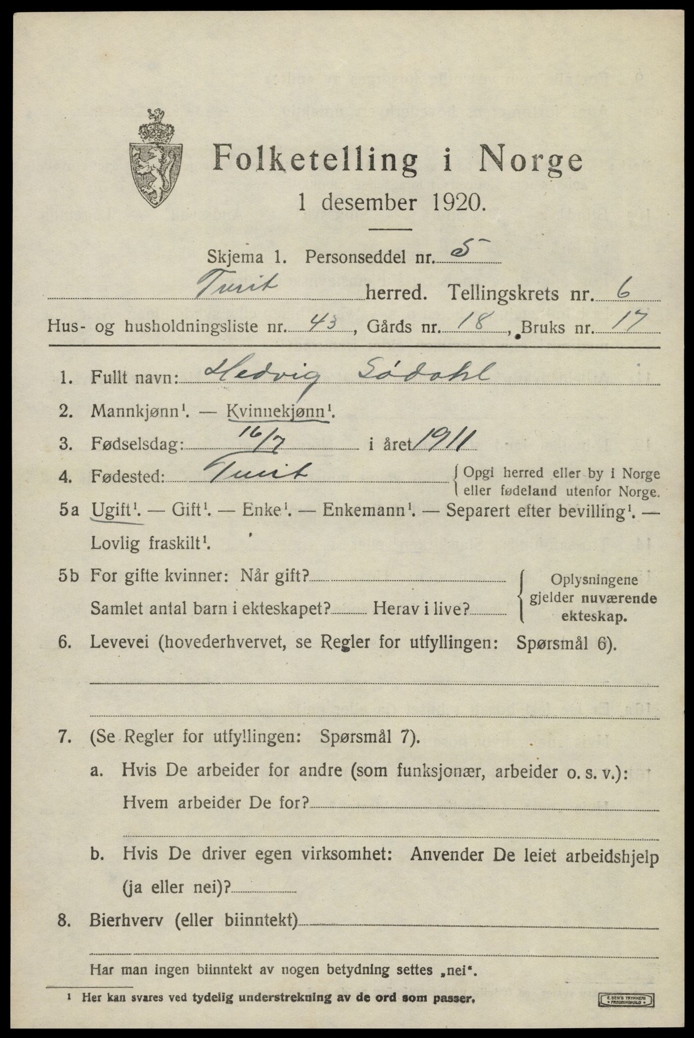 SAK, 1920 census for Tveit, 1920, p. 3174