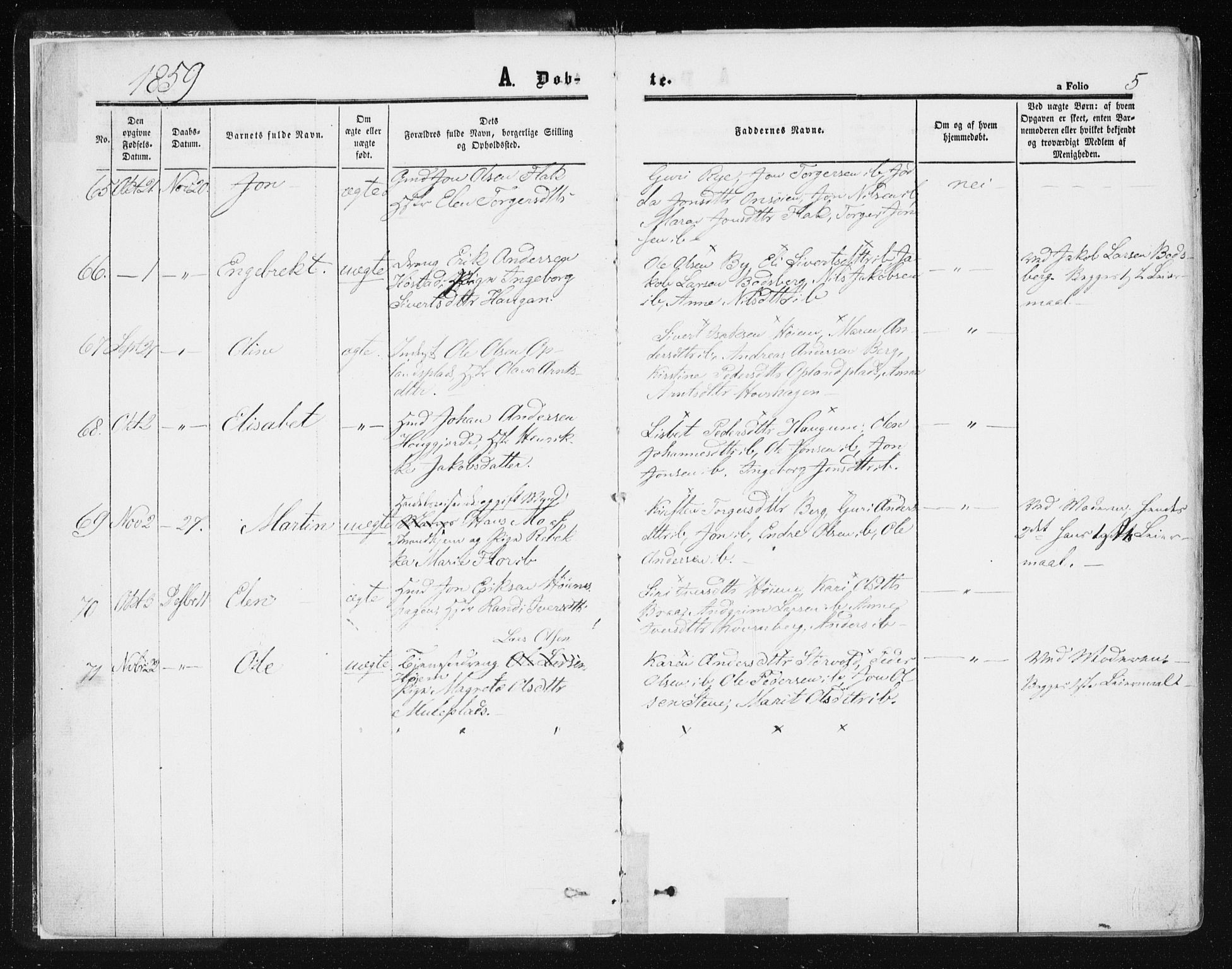Ministerialprotokoller, klokkerbøker og fødselsregistre - Sør-Trøndelag, SAT/A-1456/612/L0377: Parish register (official) no. 612A09, 1859-1877, p. 5