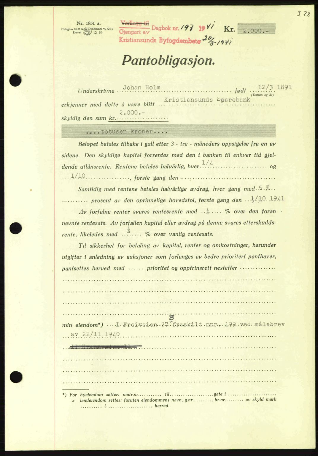 Kristiansund byfogd, AV/SAT-A-4587/A/27: Mortgage book no. 33, 1939-1941, Diary no: : 197/1941