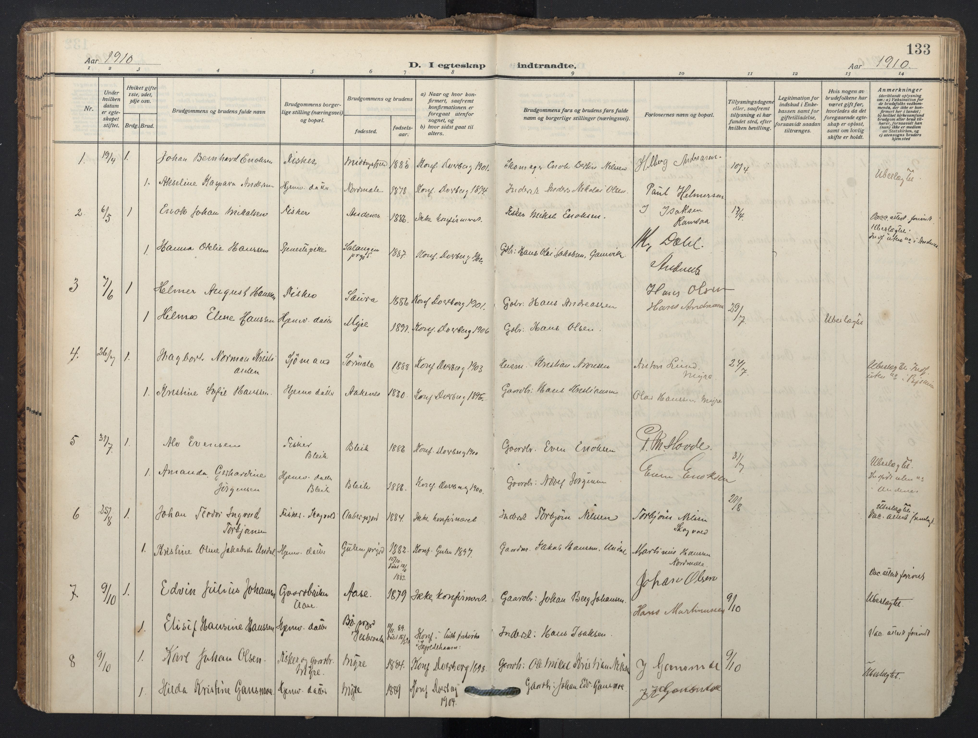 Ministerialprotokoller, klokkerbøker og fødselsregistre - Nordland, SAT/A-1459/897/L1401: Parish register (official) no. 897A08, 1909-1921, p. 133