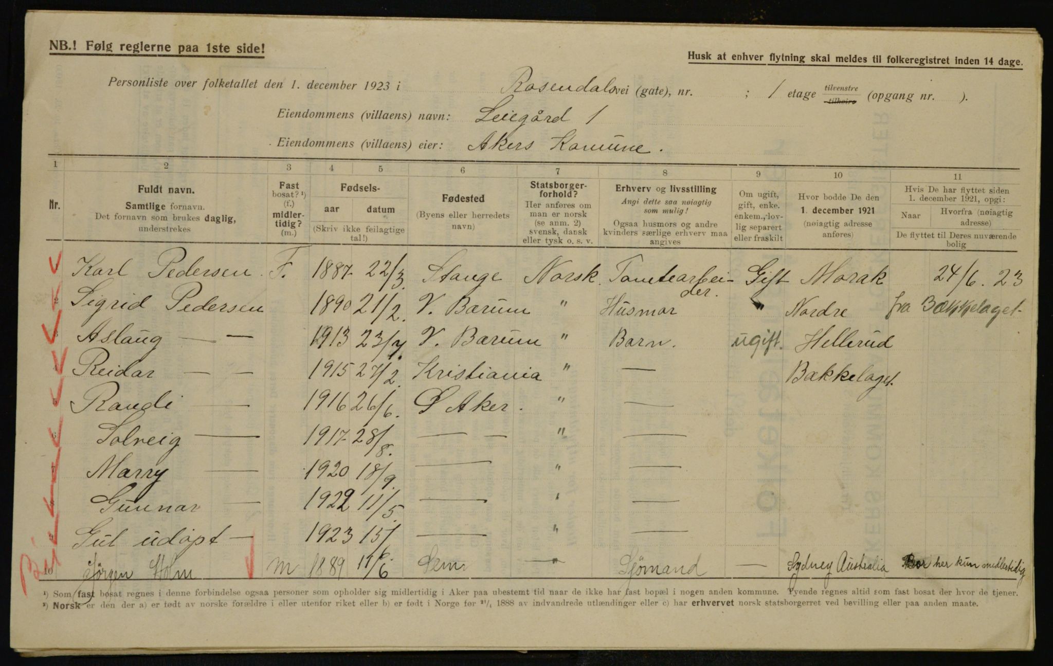 , Municipal Census 1923 for Aker, 1923, p. 44522