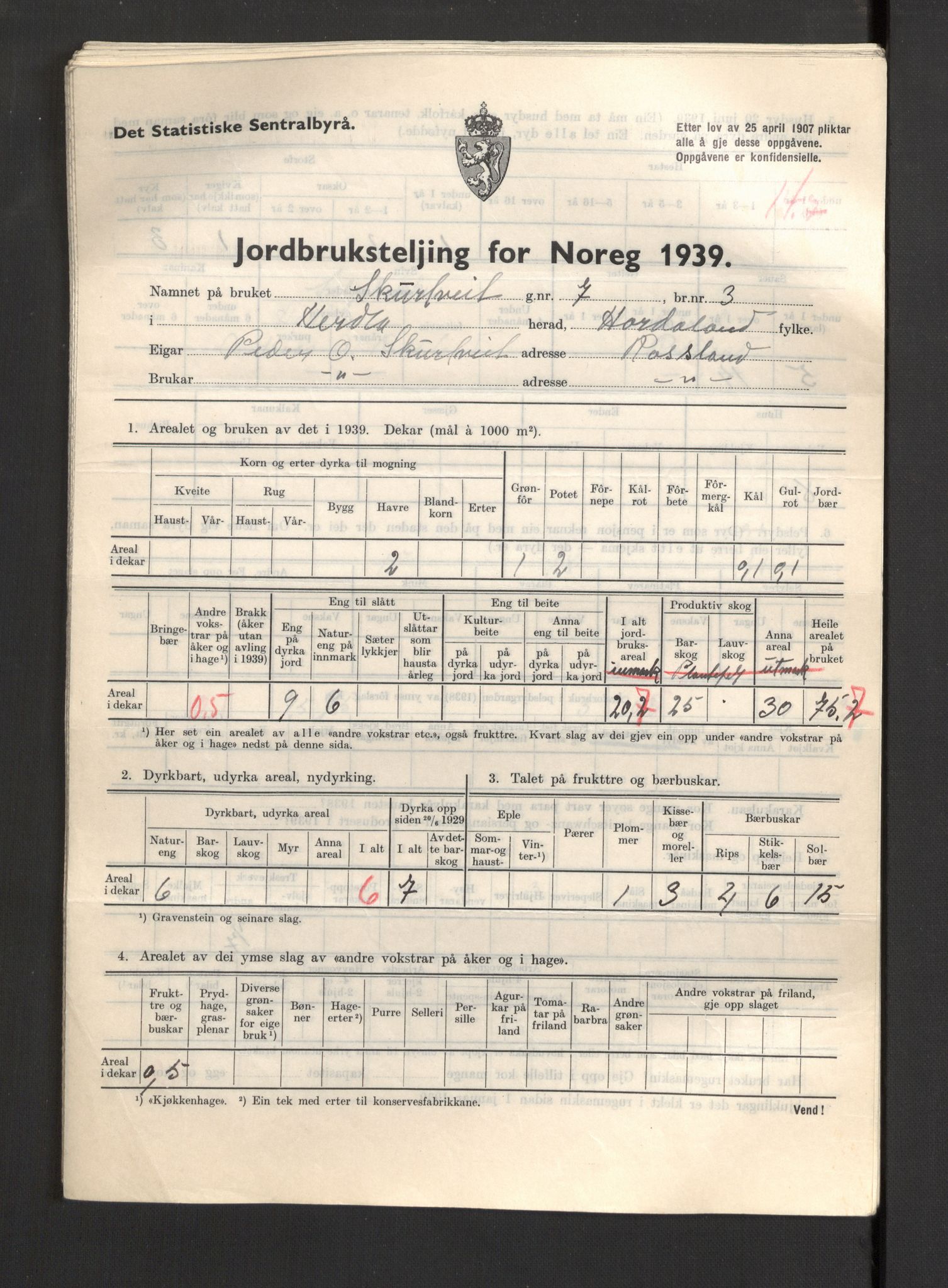 Statistisk sentralbyrå, Næringsøkonomiske emner, Jordbruk, skogbruk, jakt, fiske og fangst, AV/RA-S-2234/G/Gb/L0211: Hordaland: Herdla, Hjelme og Manger, 1939, p. 707