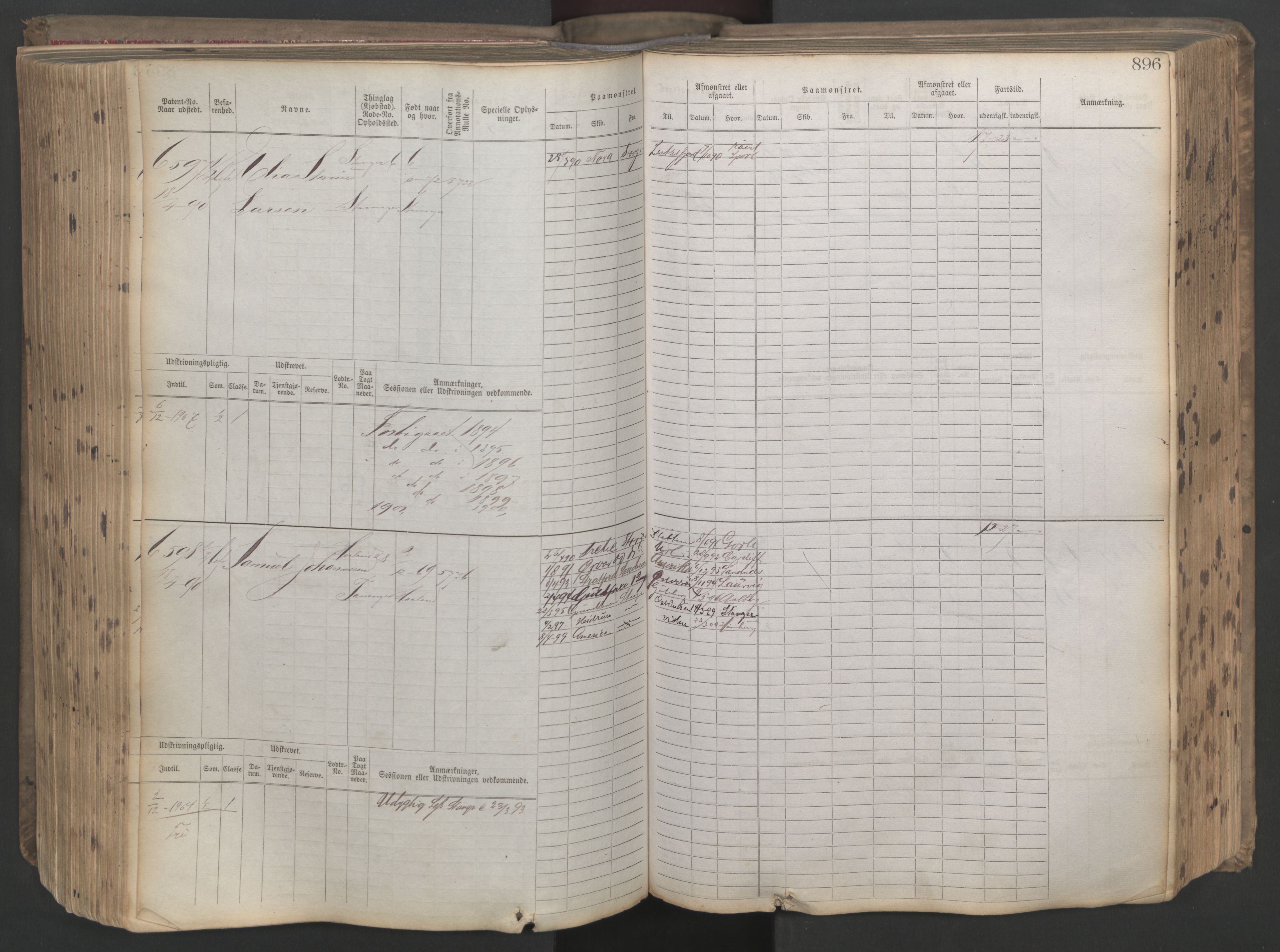 Stavanger sjømannskontor, AV/SAST-A-102006/F/Fb/Fbb/L0021: Sjøfartshovedrulle patnentnr. 6005-7204 (dublett), 1887, p. 301