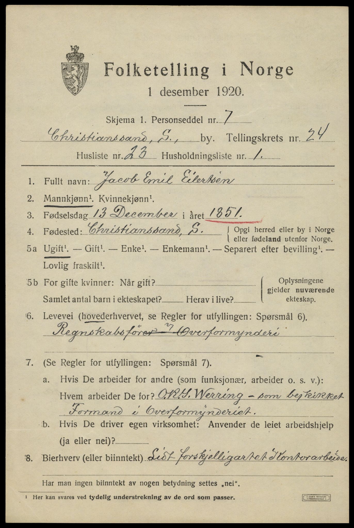 SAK, 1920 census for Kristiansand, 1920, p. 42621