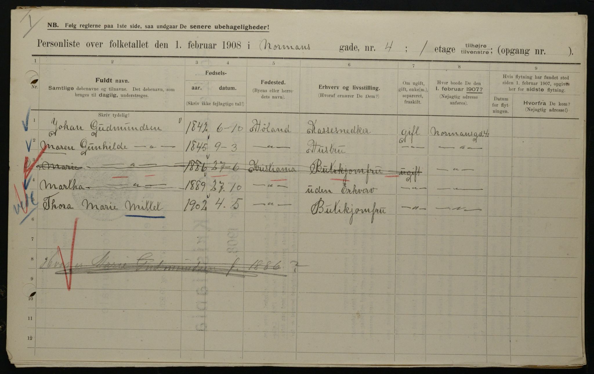 OBA, Municipal Census 1908 for Kristiania, 1908, p. 66011