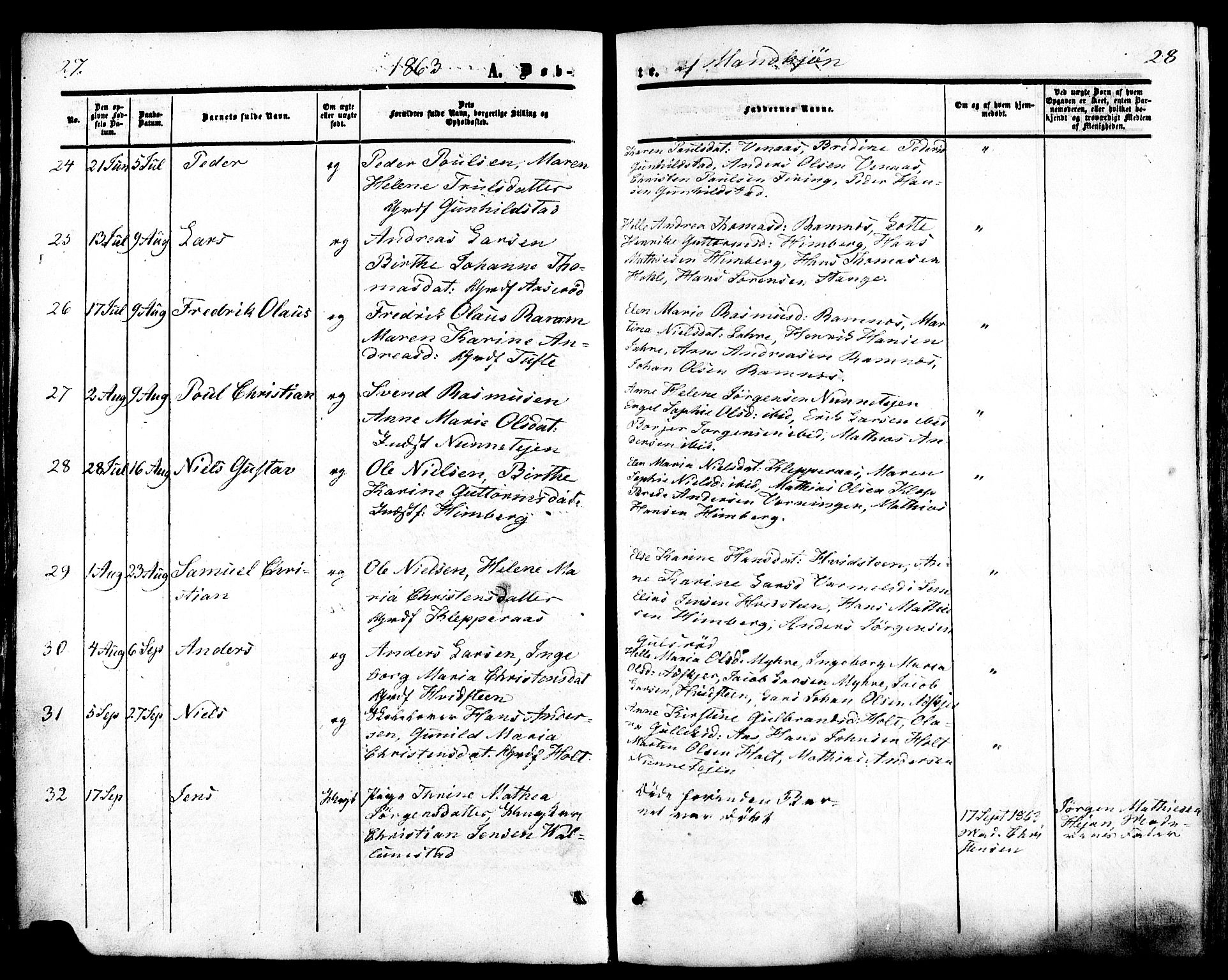 Ramnes kirkebøker, AV/SAKO-A-314/F/Fa/L0006: Parish register (official) no. I 6, 1862-1877, p. 27-28