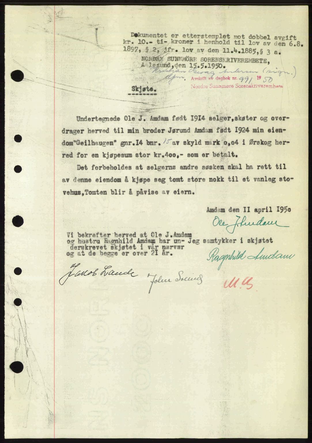 Nordre Sunnmøre sorenskriveri, AV/SAT-A-0006/1/2/2C/2Ca: Mortgage book no. A34, 1950-1950, Diary no: : 991/1950