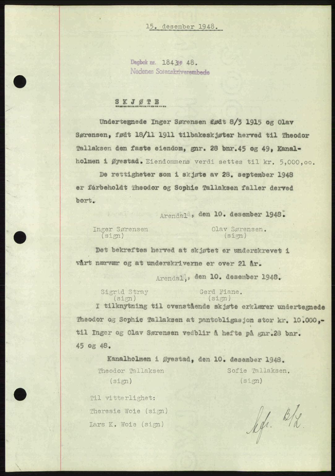 Nedenes sorenskriveri, SAK/1221-0006/G/Gb/Gba/L0060: Mortgage book no. A12, 1948-1949, Diary no: : 1843/1948