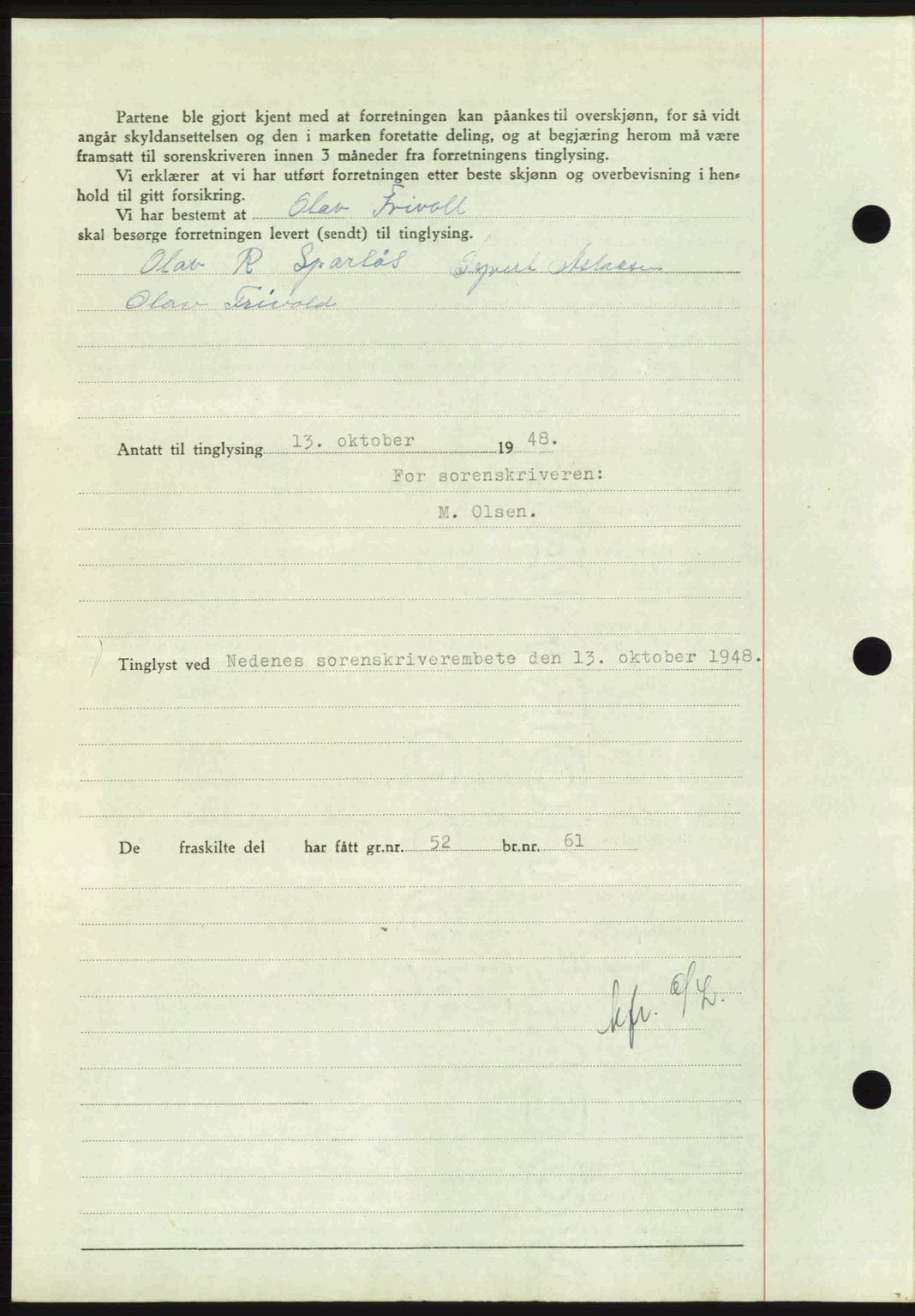 Nedenes sorenskriveri, SAK/1221-0006/G/Gb/Gba/L0059: Mortgage book no. A11, 1948-1948, Diary no: : 1458/1948