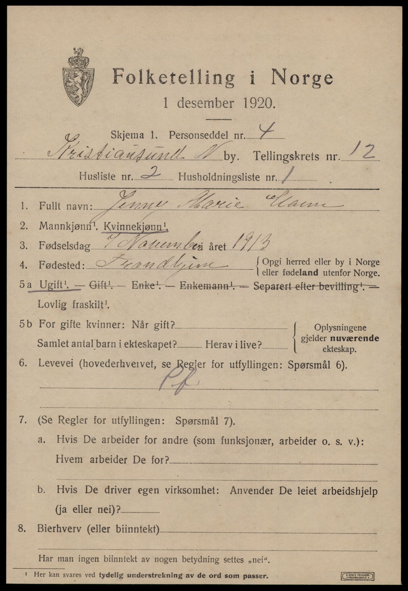 SAT, 1920 census for Kristiansund, 1920, p. 25279