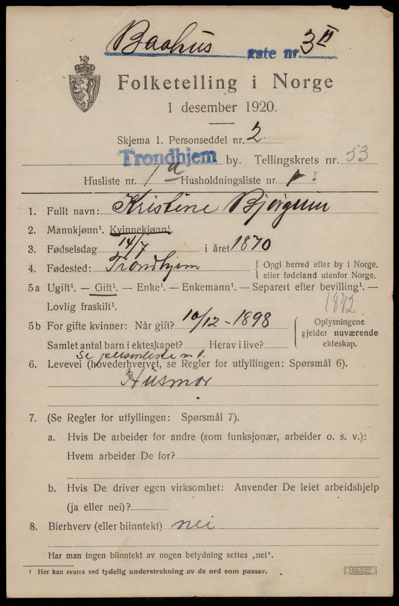 SAT, 1920 census for Trondheim, 1920, p. 107974