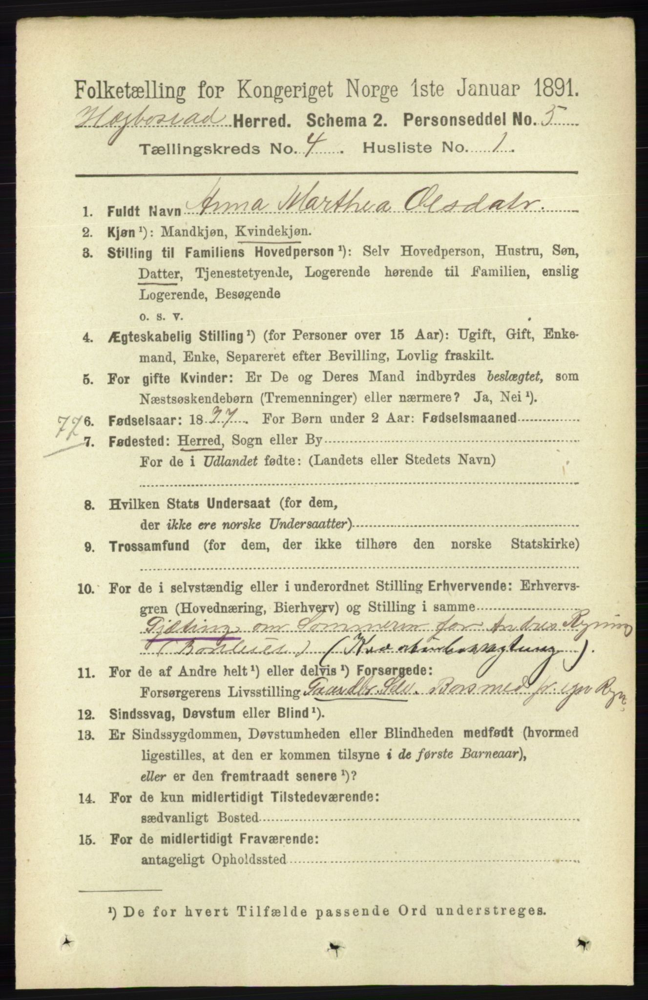 RA, 1891 census for 1034 Hægebostad, 1891, p. 1194