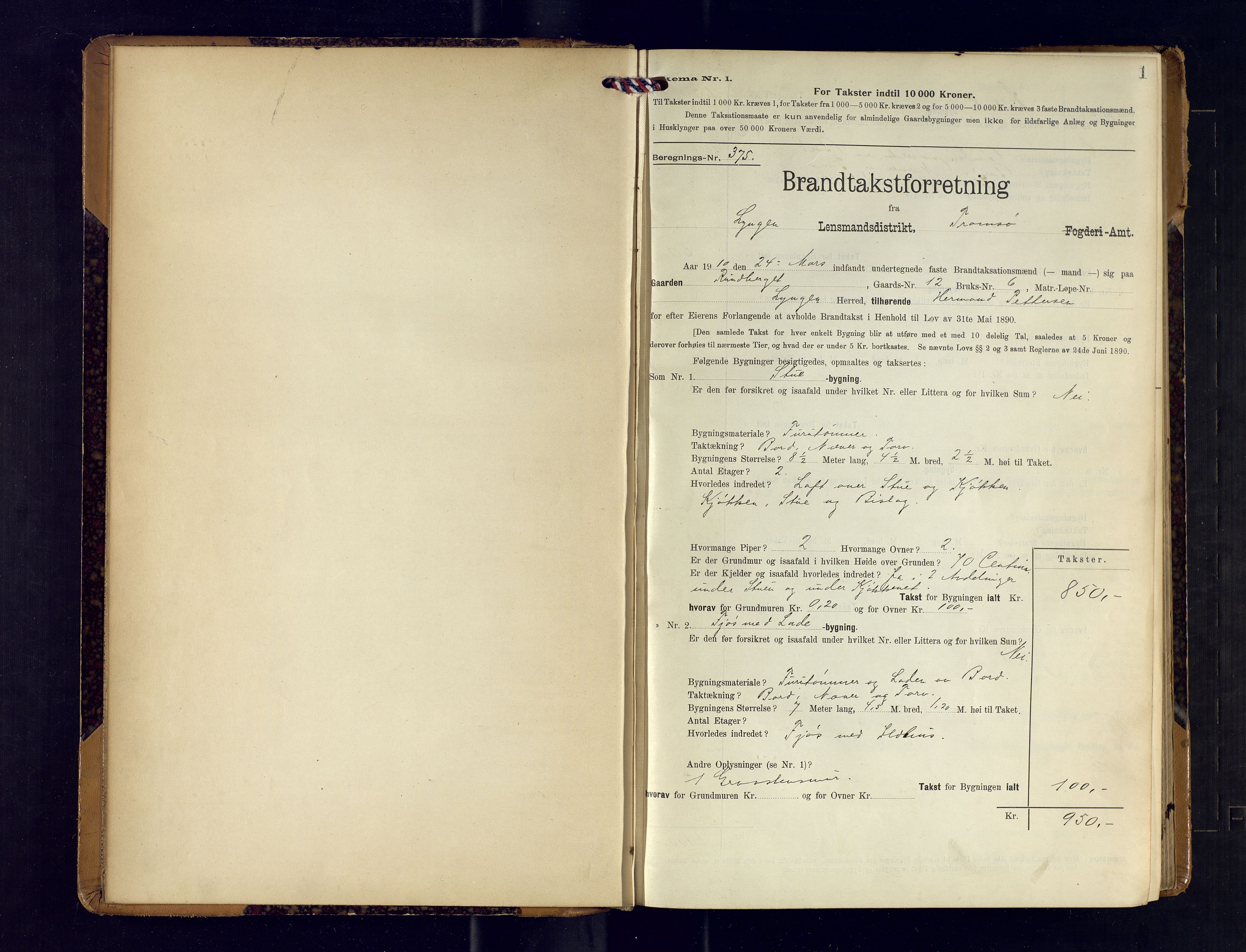 Lyngen lensmannskontor, SATØ/SATO-99/F/Fm/Fmb/L0118: Branntakstprotokoller, 1910-1917, p. 1