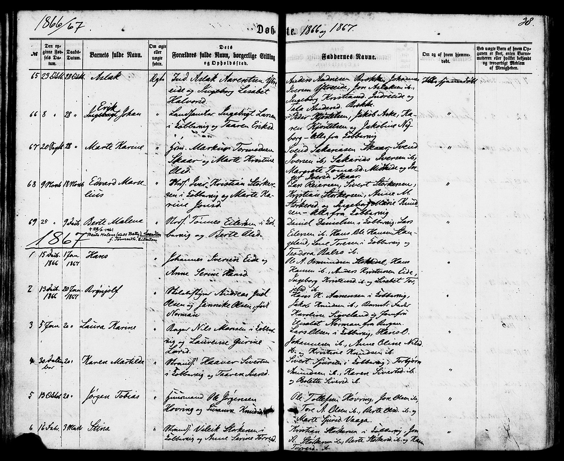 Avaldsnes sokneprestkontor, AV/SAST-A -101851/H/Ha/Haa/L0011: Parish register (official) no. A 11, 1861-1880, p. 38