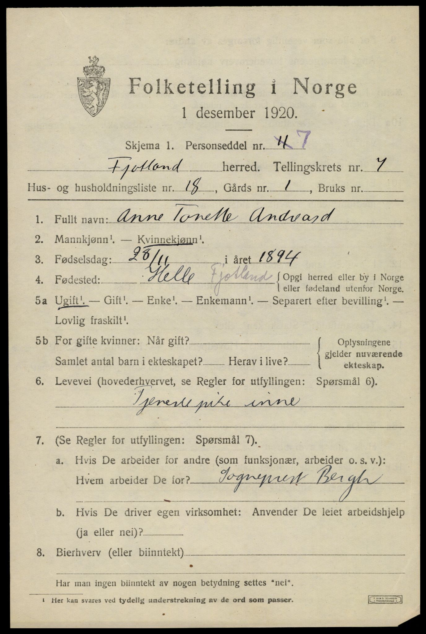 SAK, 1920 census for Fjotland, 1920, p. 1990