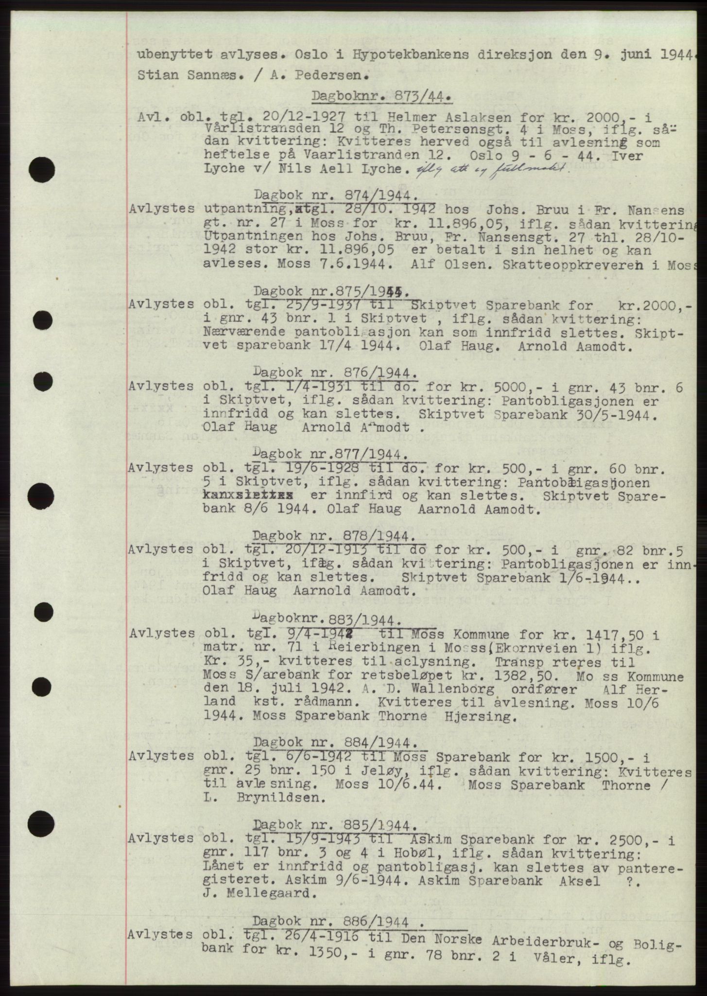 Moss sorenskriveri, AV/SAO-A-10168: Mortgage book no. C10, 1938-1950, Diary no: : 873/1944