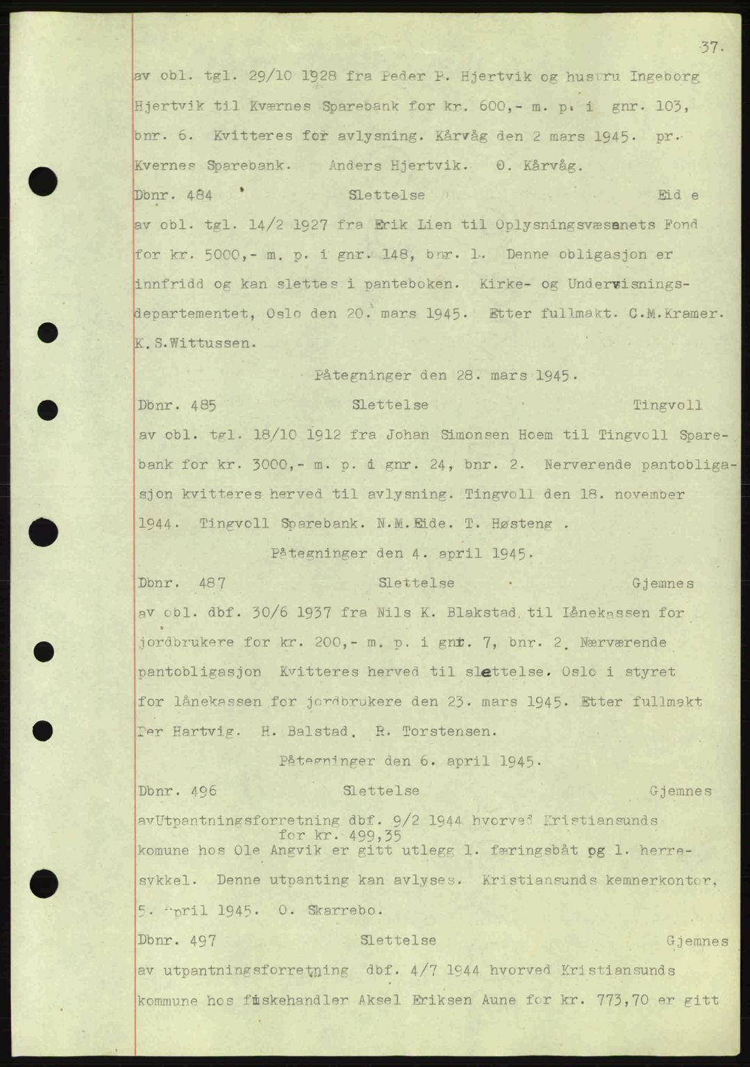 Nordmøre sorenskriveri, AV/SAT-A-4132/1/2/2Ca: Mortgage book no. C82a, 1945-1946, Diary no: : 484/1945