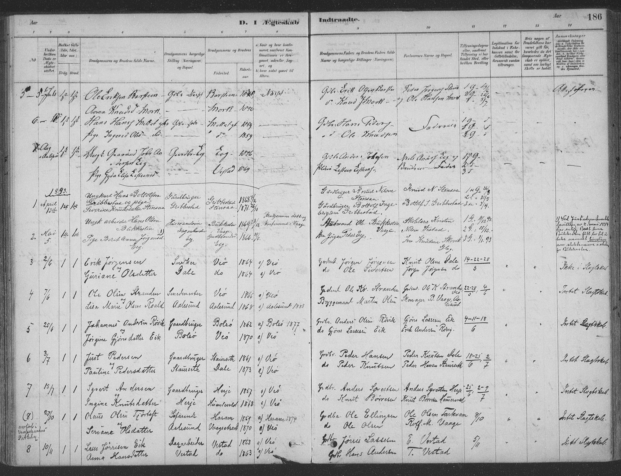 Ministerialprotokoller, klokkerbøker og fødselsregistre - Møre og Romsdal, SAT/A-1454/547/L0604: Parish register (official) no. 547A06, 1878-1906, p. 186