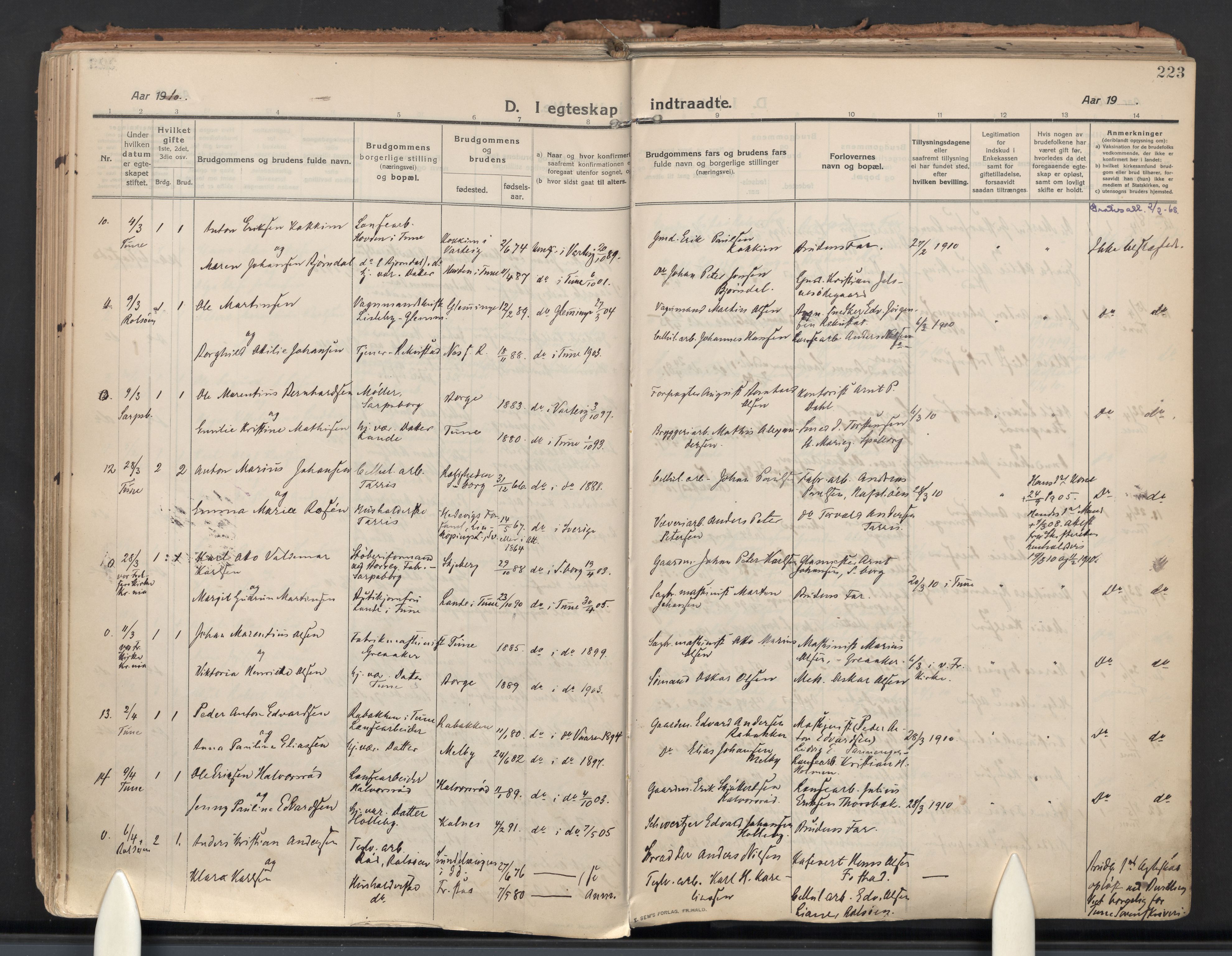 Tune prestekontor Kirkebøker, AV/SAO-A-2007/F/Fa/L0021: Parish register (official) no. 21, 1910-1916, p. 223